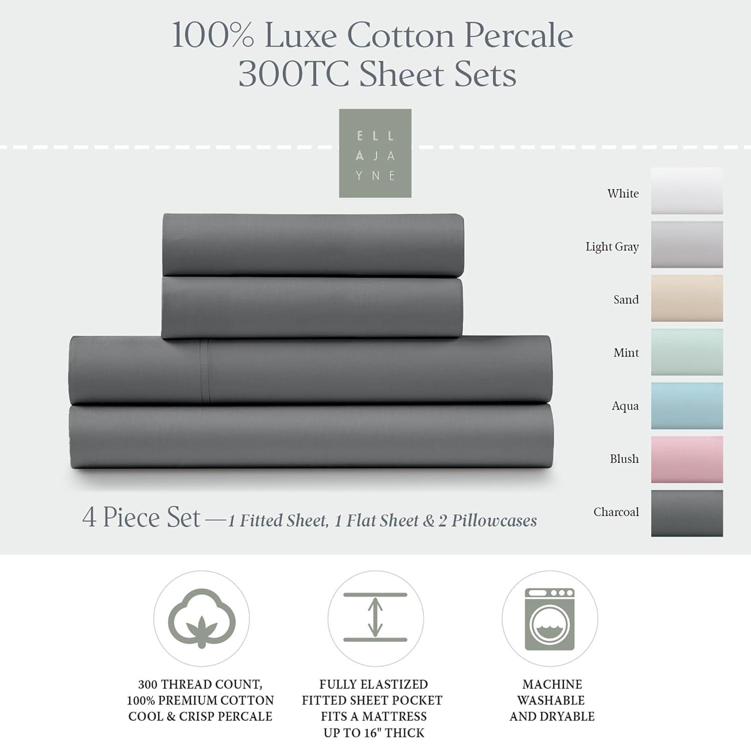 Luxe Cotton Percale Crisp and Cool Sheet Set, Queen, Sand