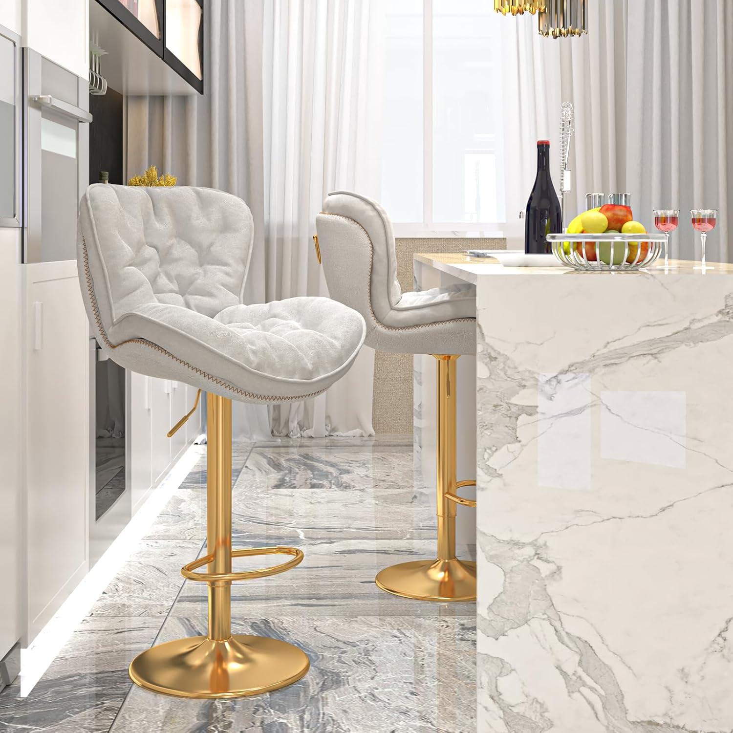 Beige Velvet Adjustable Swivel Bar Stools with Gold Base