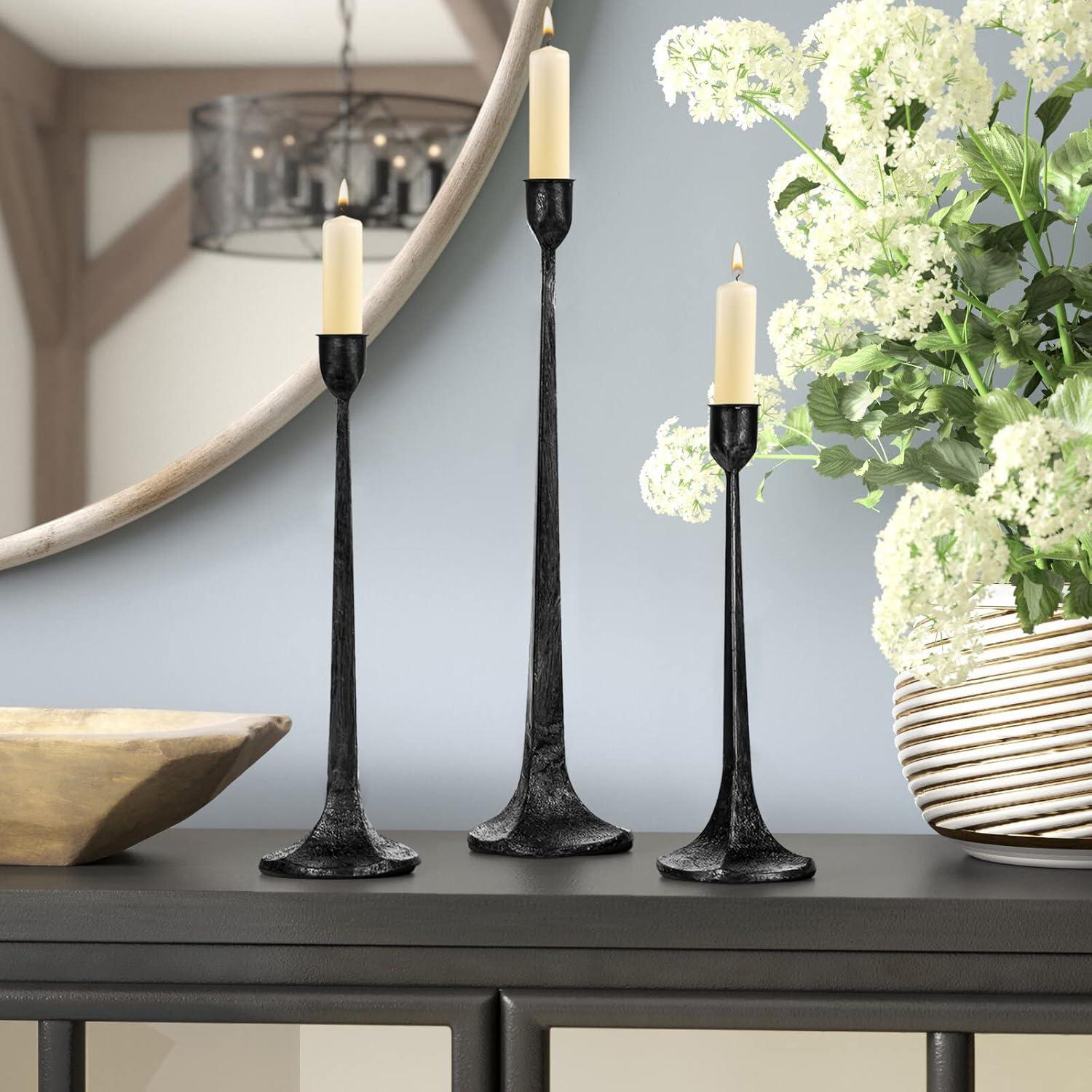 Tall Black Cast Iron Taper Candle Holder Set