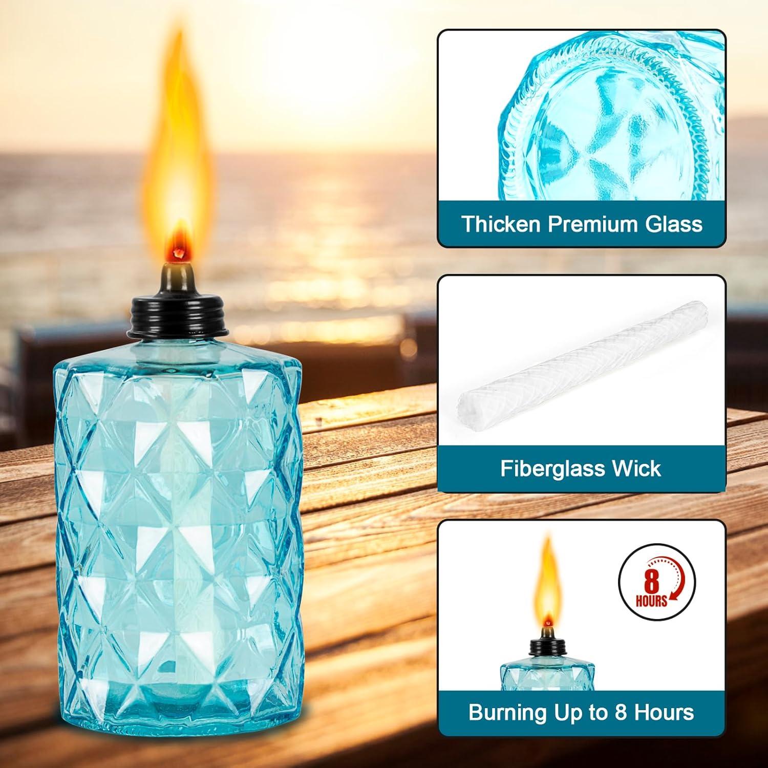 FAN-Torches 4 Pack Glass STF9 Table top Torch,12 oz Torches for Outside,Refillable Flame Light Torch with Wicks and Covers, Landscape Lanterns Torches for Yard,Patio, Garden,Party Decor, DIY.