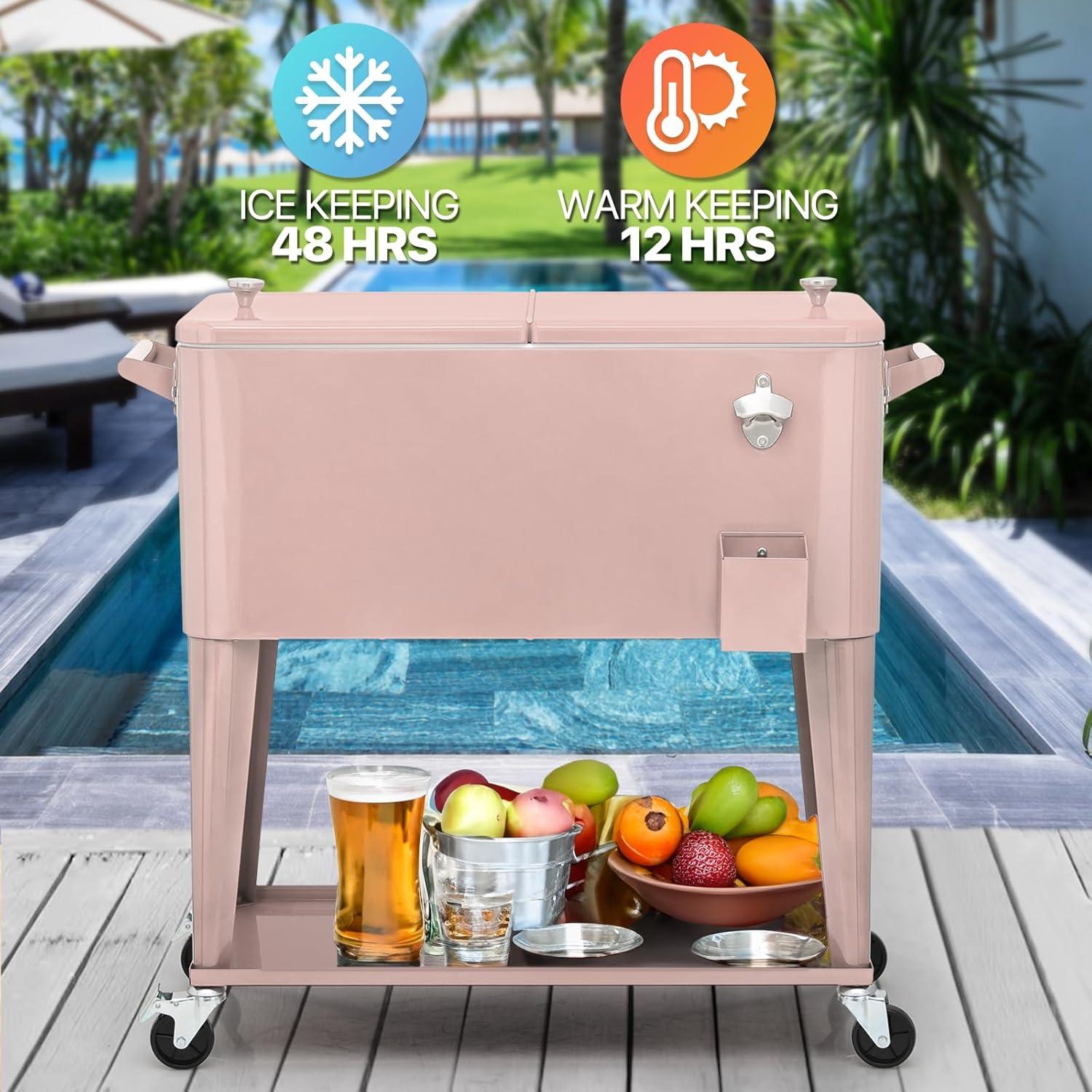Bring Home Furniture Outdoor 80 Qt Rolling Cooler Cart, with Bottle Opener + Storage Shelf Camping Beverage Ice Chest