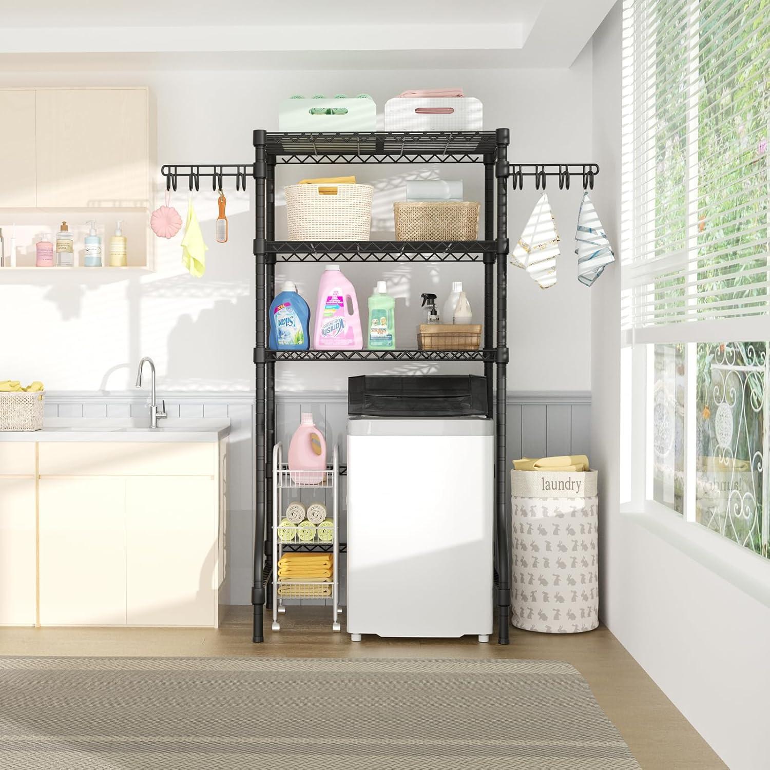 Organizador de Almacenamiento para Cuarto de Lavado U8, Estantes de Almacenamiento para Lavadora y Secadora para Organización de Lavandería, 35" de Ancho x 13.4" de Profundidad x 76.2" de Alto, Adecuado para Lavadora con un Ancho de 32.6", Capacidad para 304 lb, Negro