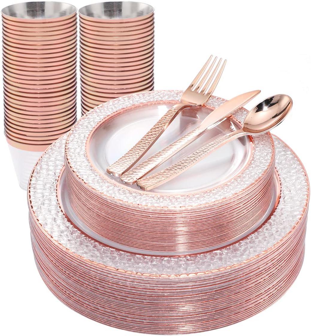 Ciaell 150PCS Rose Gold Plastic Plates – Disposable Plates with Rose Gold Plastic Silverware include 50Plates, 25Forks, 25Knives, 25Spoons, 25Cups for Wedding & Party