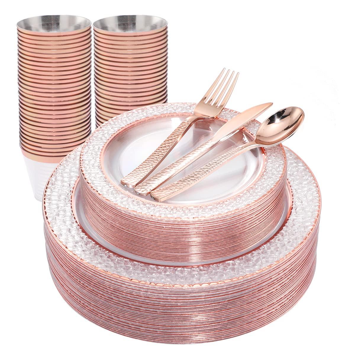 Ciaell 150PCS Rose Gold Plastic Plates – Disposable Plates with Rose Gold Plastic Silverware include 50Plates, 25Forks, 25Knives, 25Spoons, 25Cups for Wedding & Party