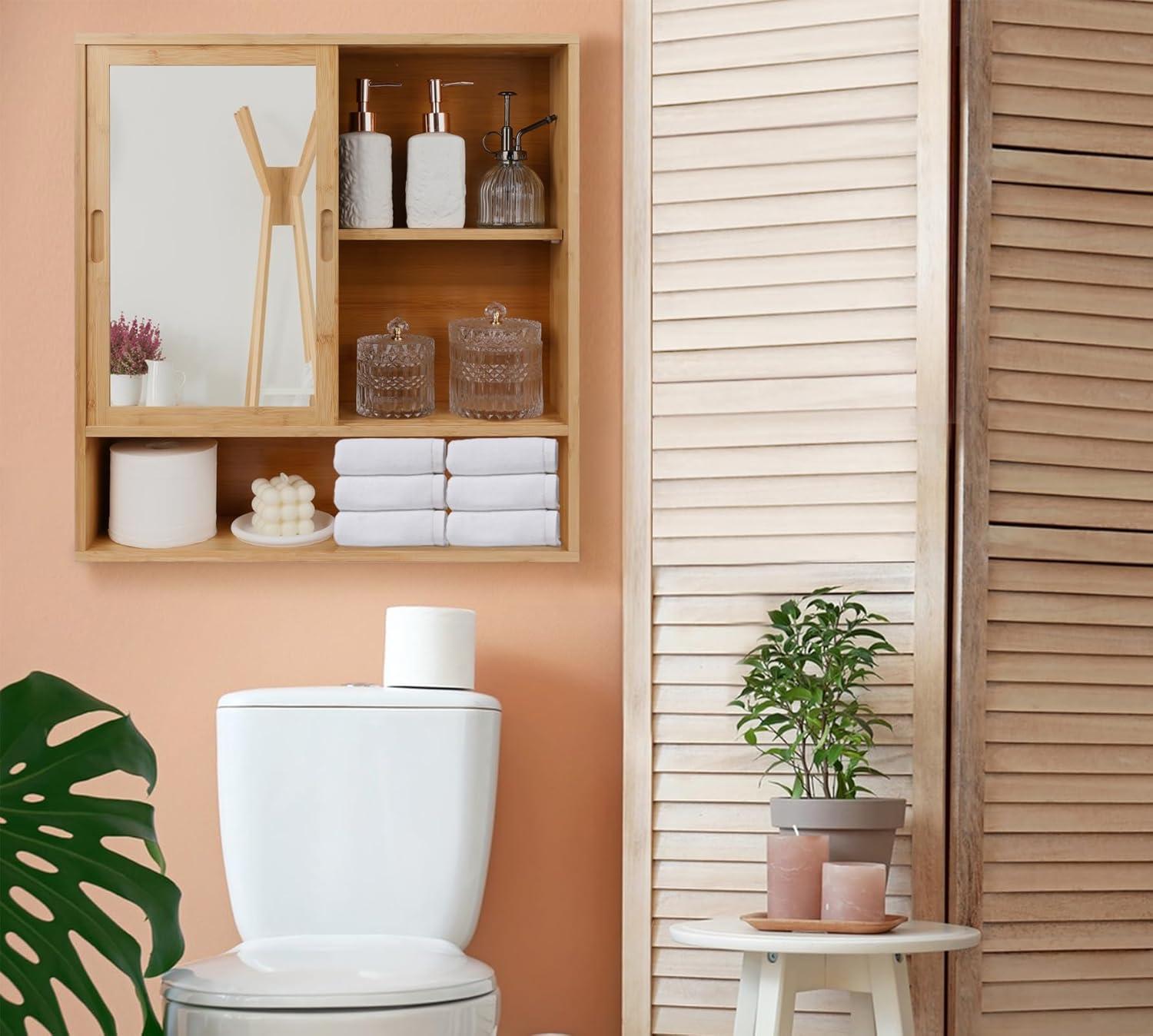 Bamboo Medicine Cabinet Mirror,Mirrored Cabinet With 2 Sliding Doors