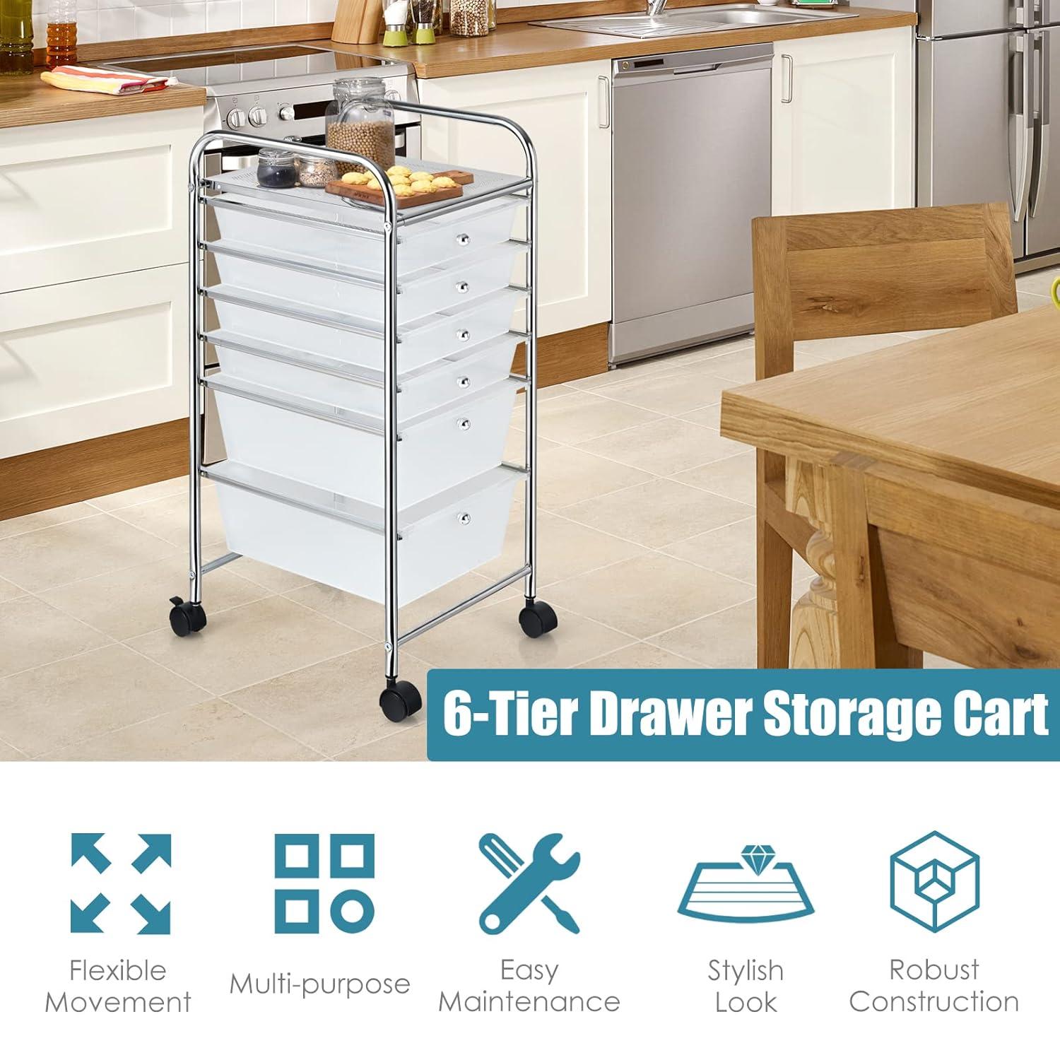 Clear 6-Drawer Rolling Storage Cart with Chrome Frame