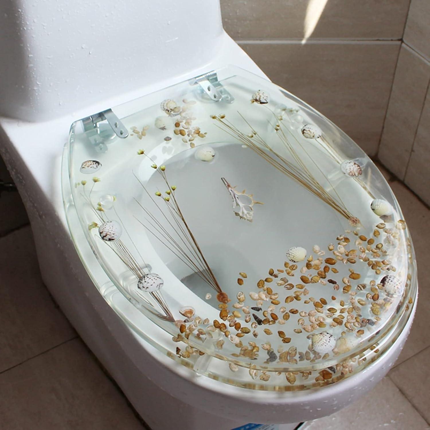 Transparent Resin Shell Polyresin Toilet Seat, Decoration Transparent Safety U/V Shape Seashell Sea Plants Decor Bathroom Toilet Seat with Hinges
