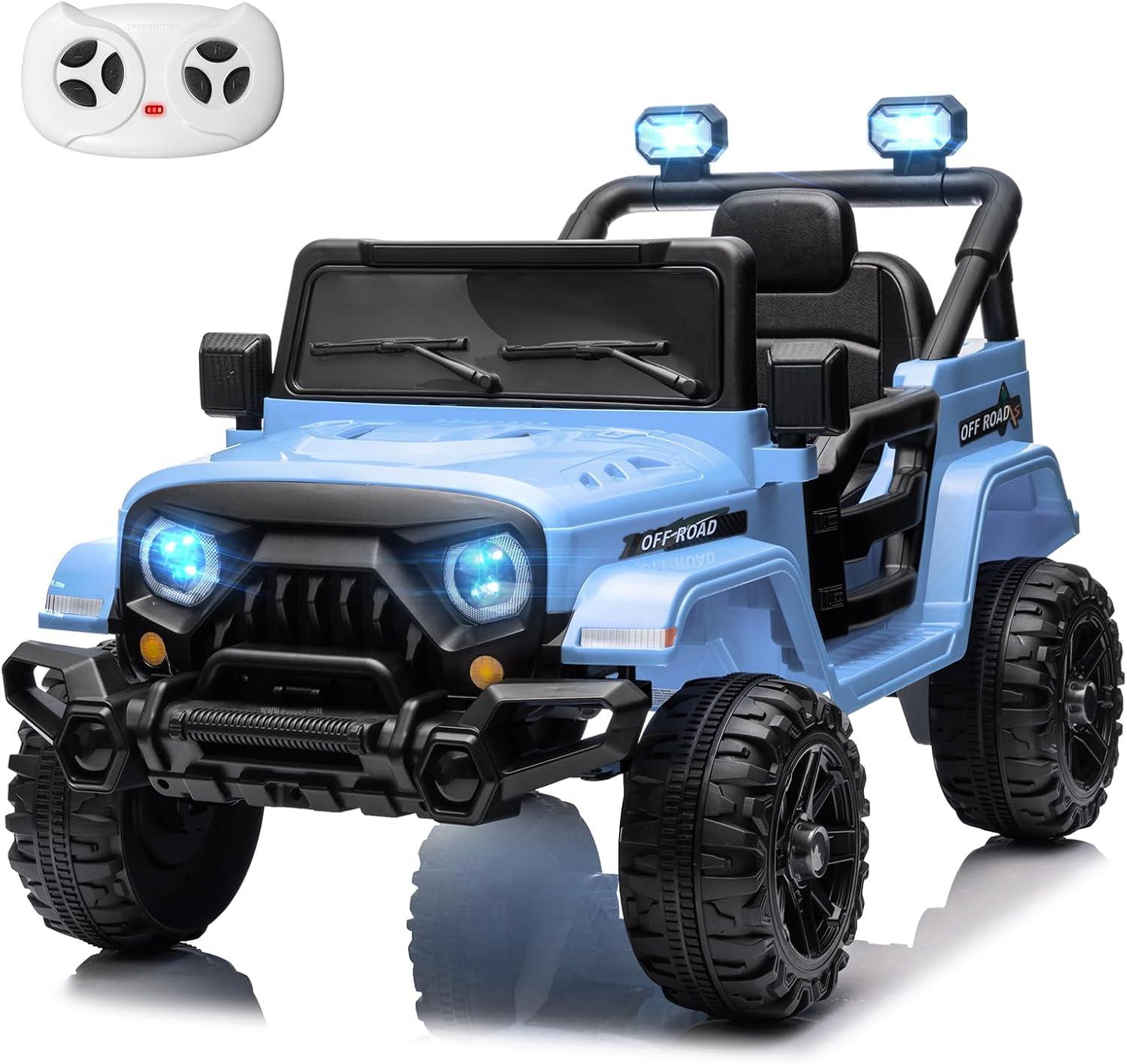 12V Kids Ride On Truck, Toddlers Battery Powered Electric Vehicle with Remote Control, Ride On Toy Car with 3 Speeds, Spring Suspension Headlight, Music for Boys Girls 3-8, Blue