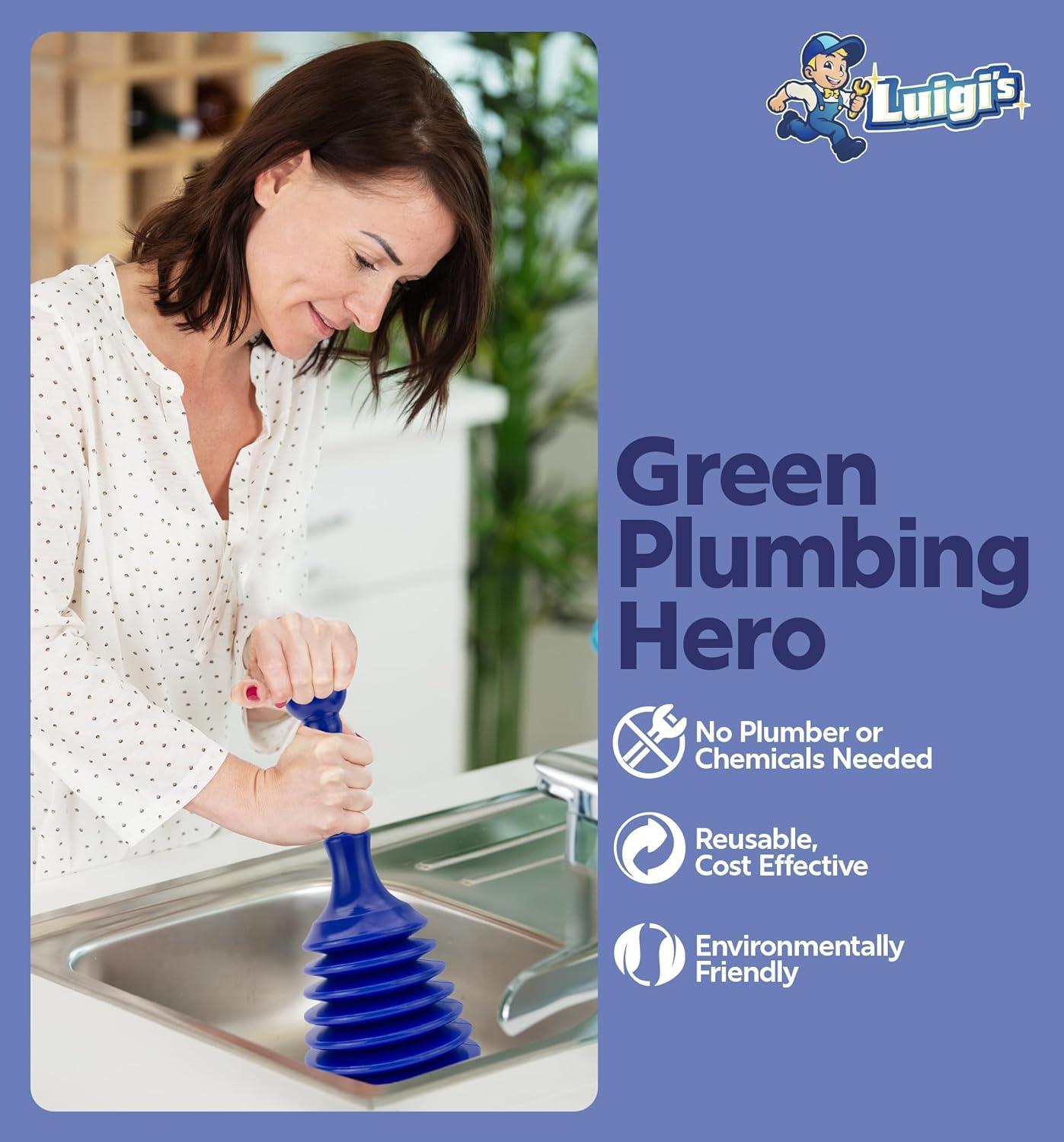 Luigi's Sink and Drain Plunger for Bathrooms, Kitchens, Sinks, Baths and Showers. Small and Powerful, Commercial Style 'Plumbers Plunger' with Large Bellows