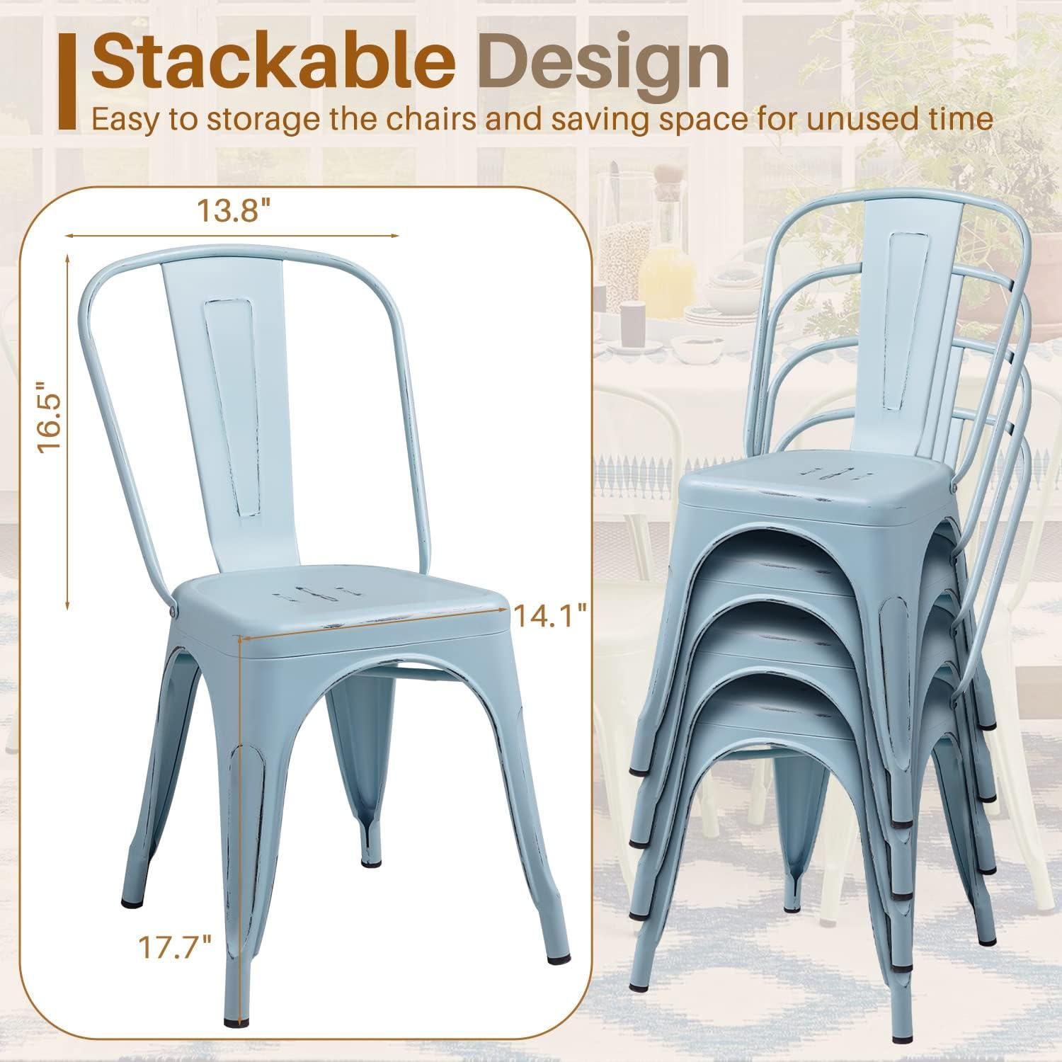 Furmax Metal Dining Chair Indoor Outdoor Use Stackable Chic Side Classic Trattoria Metal Chairs Set of 4 for Kitchen, Dining Room, Bistro and Cafe (Distressed White)