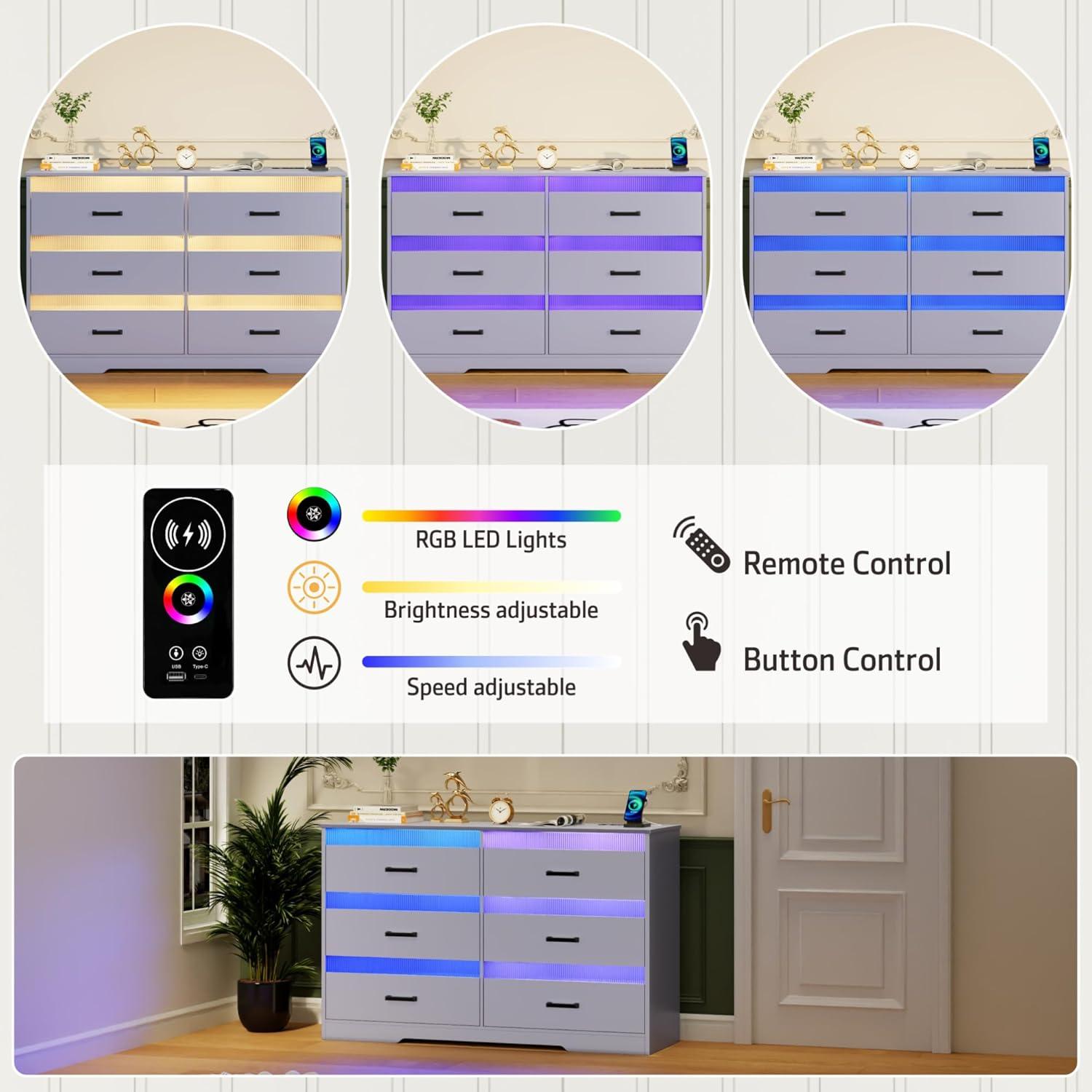 Gray Modern 6-Drawer Dresser with LED Lights and Charging Station