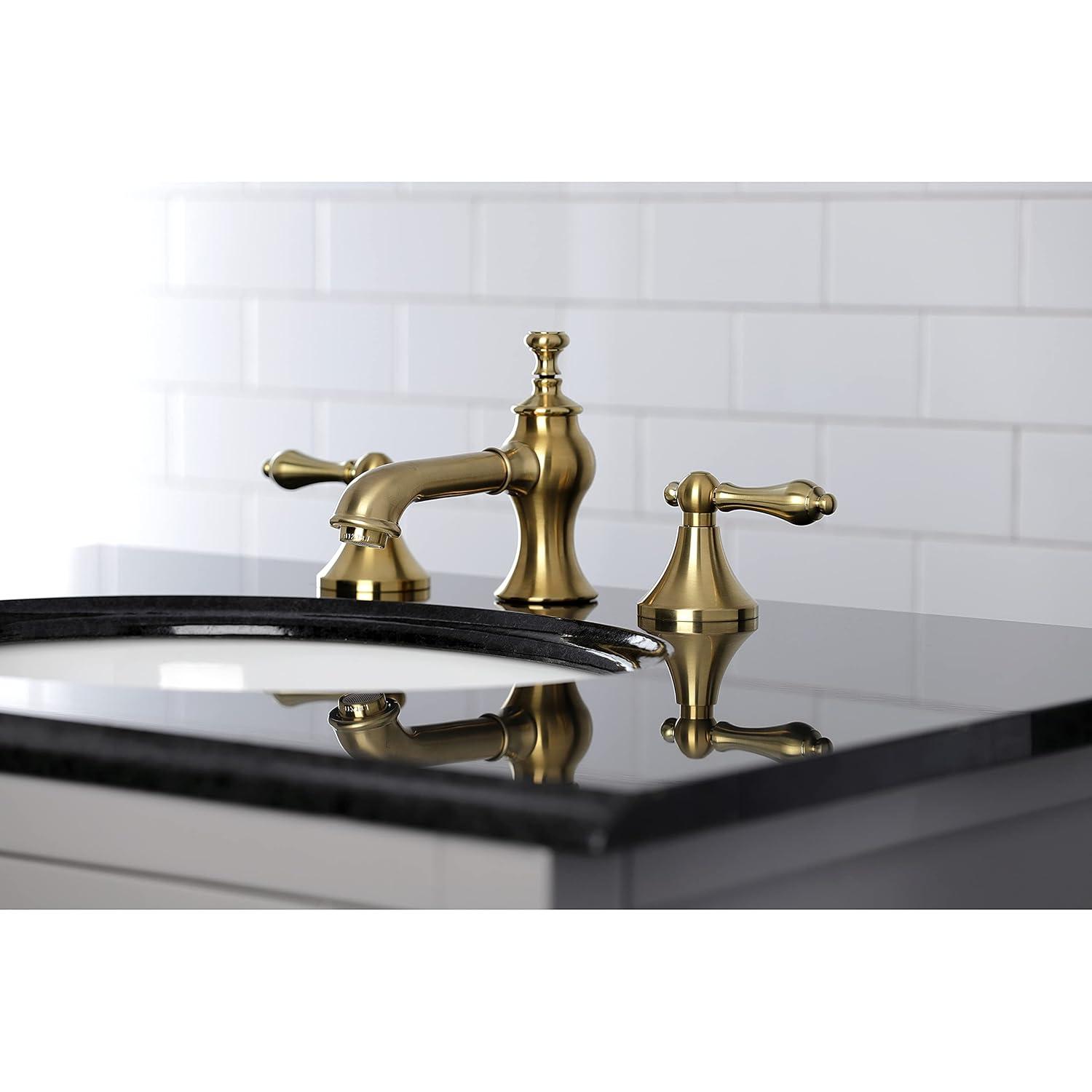 Kingston Brass Vintage Two-Handle 3-Hole Deck Mount Widespread Bathroom Faucet with Brass Pop-Up Drain