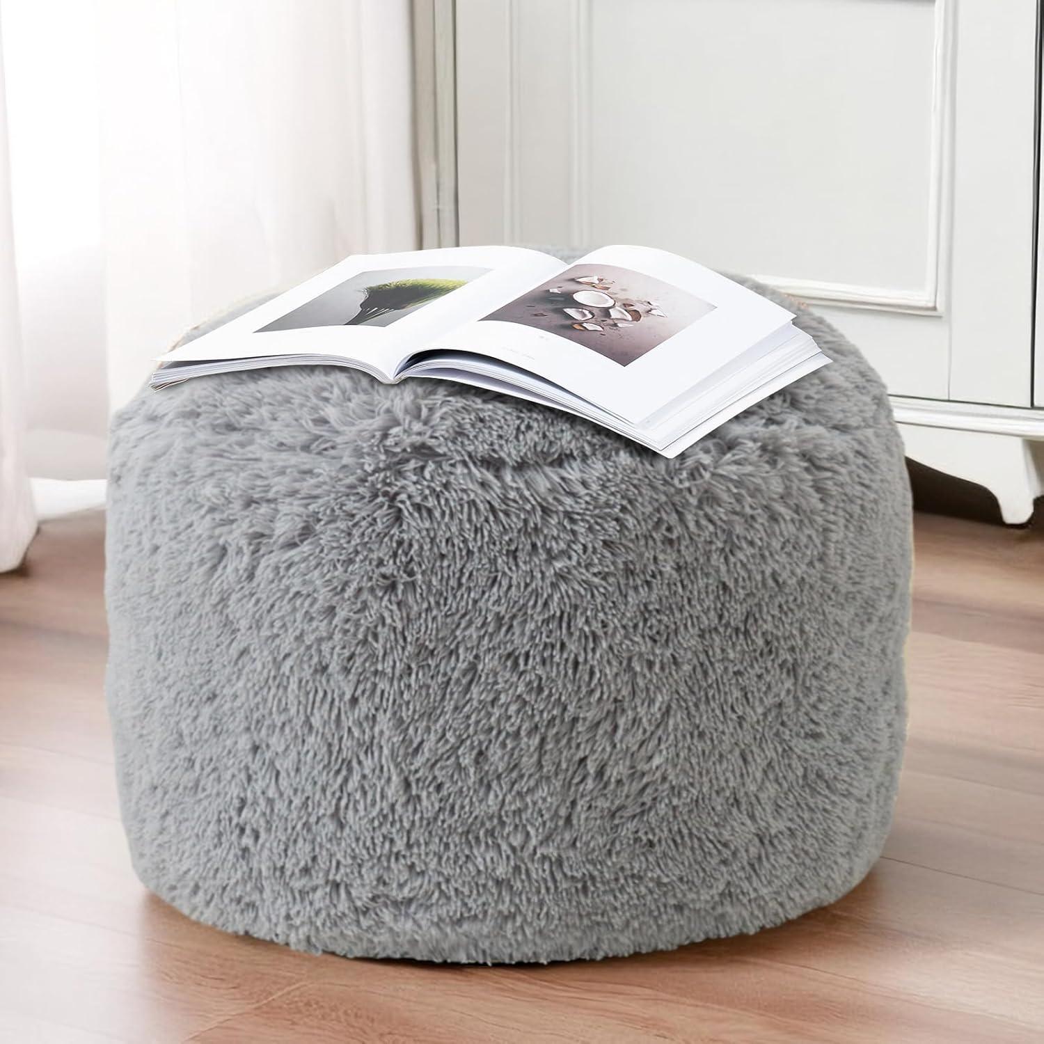 Grey Faux Fur Round Pouf Ottoman with Foam Filling