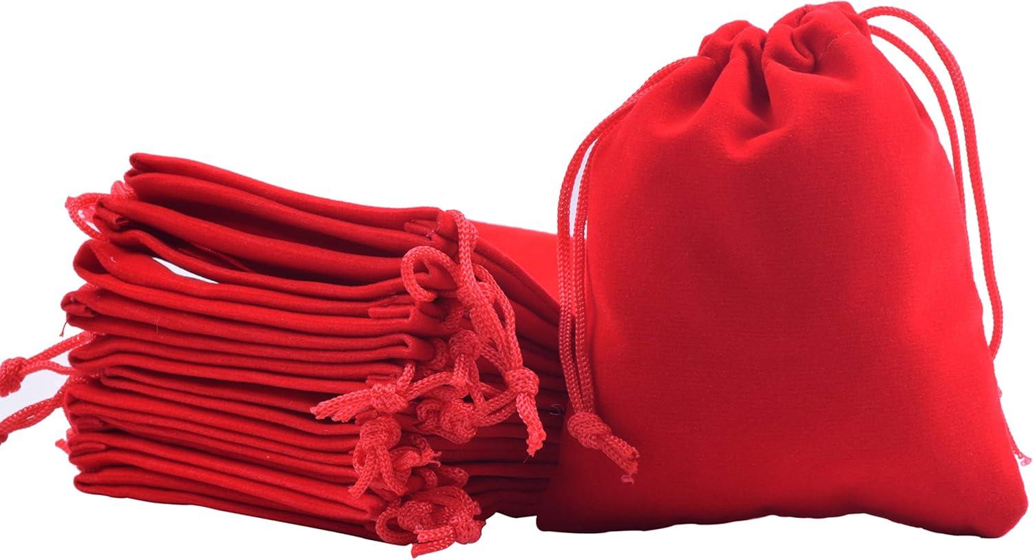 Luxurious Red Velvet Drawstring Jewelry Pouches, 50 Pack