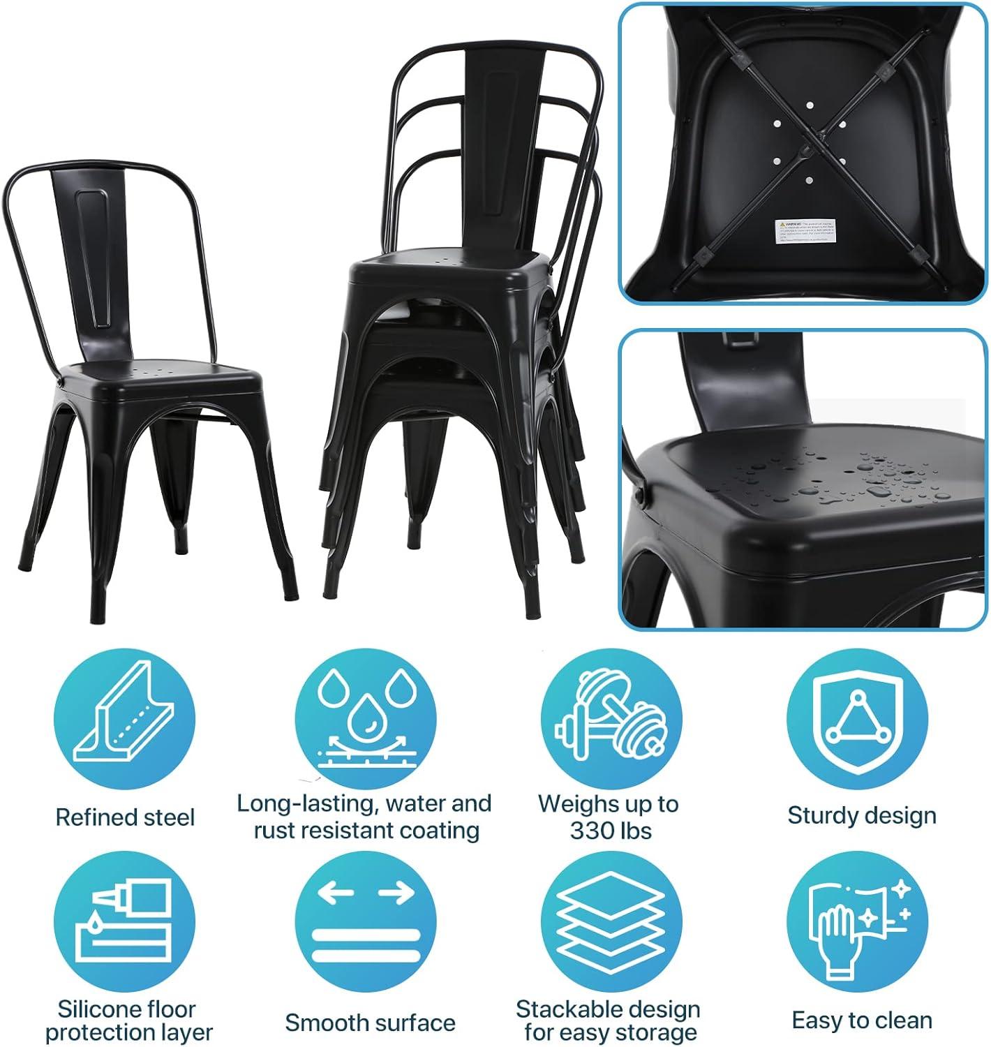 Metal Chairs Set of 4, Stackable Metal Patio Chairs 18 Inch Seat Height, Indoor/Outdoor Tolix Side Chair with Back, 330LBS Weight Capacity, Chic Kitchen Dining Chairs, Black