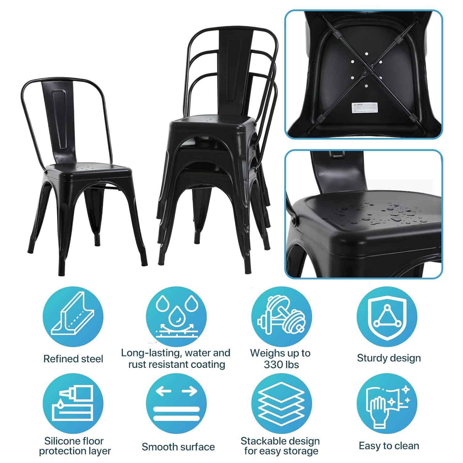 Metal Chairs Set of 4, Stackable Metal Patio Chairs 18 Inch Seat Height, Indoor/Outdoor Tolix Side Chair with Back, 330LBS Weight Capacity, Chic Kitchen Dining Chairs, Black