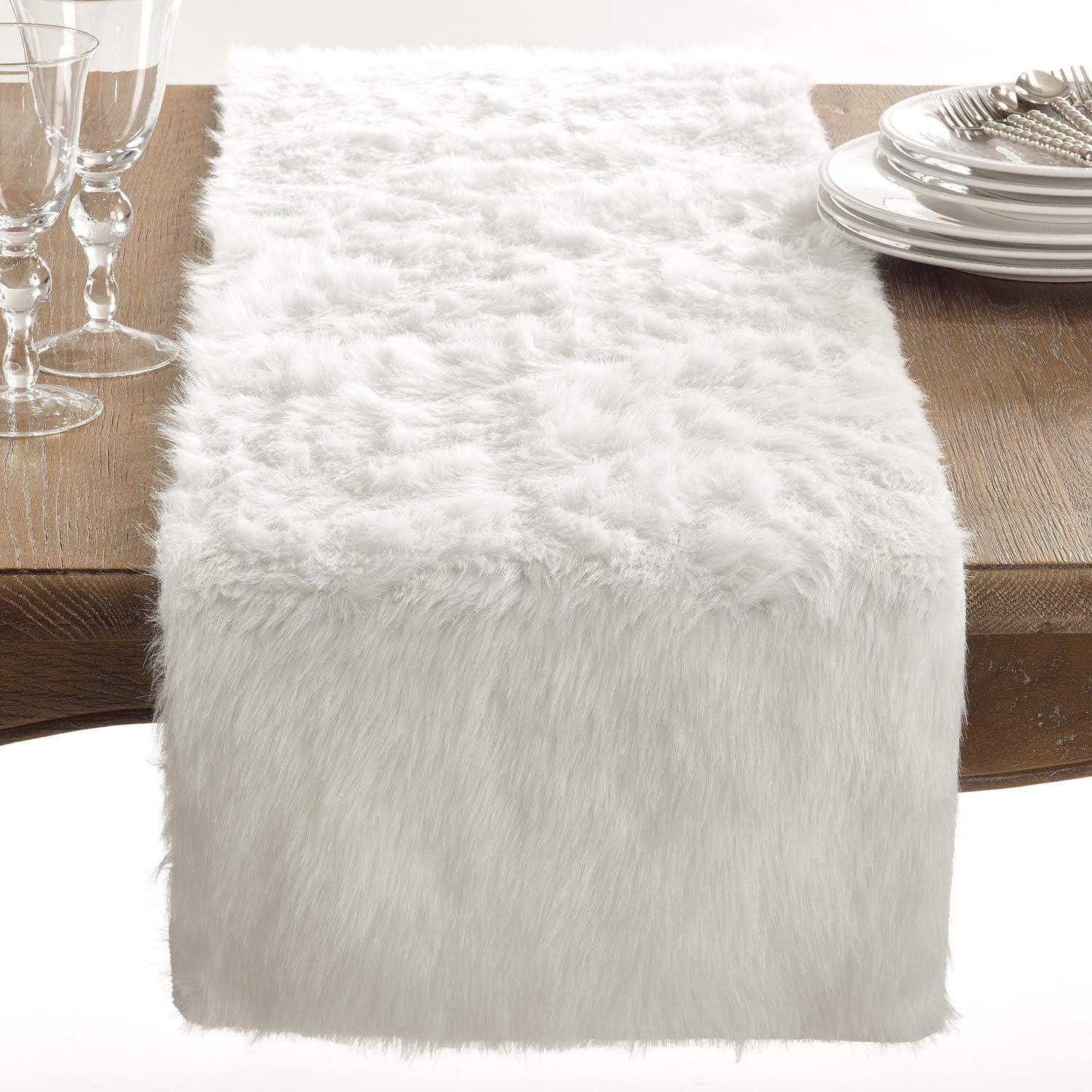 Saro Lifestyle Faux Fur Design Table Runner, 15"x54", White
