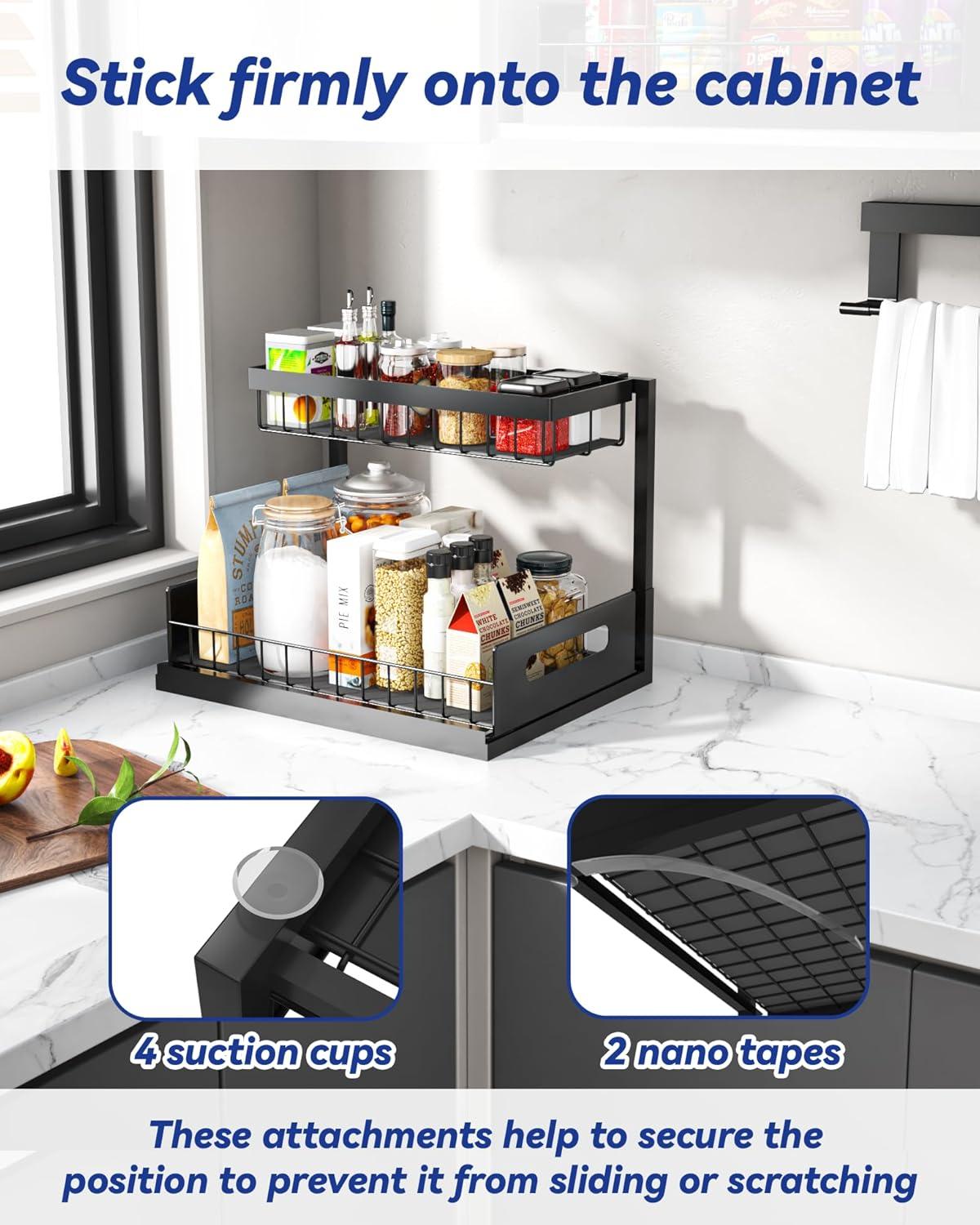 Black Metal 2-Pack L-Shaped Under Sink Organizers with Sliding Drawer