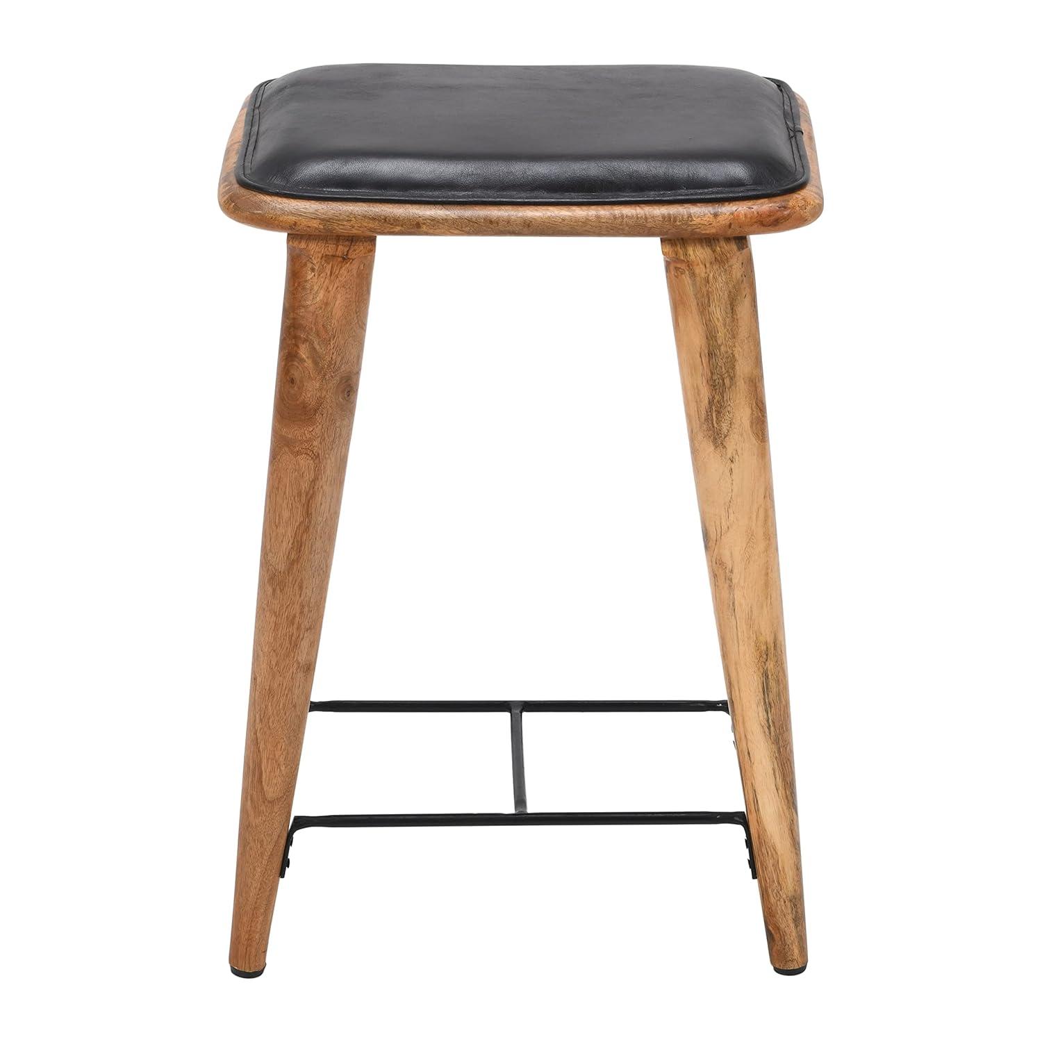 25 Inch Counter Height Bar Stool, Genuine Leather Seat, Mango Wood Frame, Black, Brown- Saltoro Sherpi