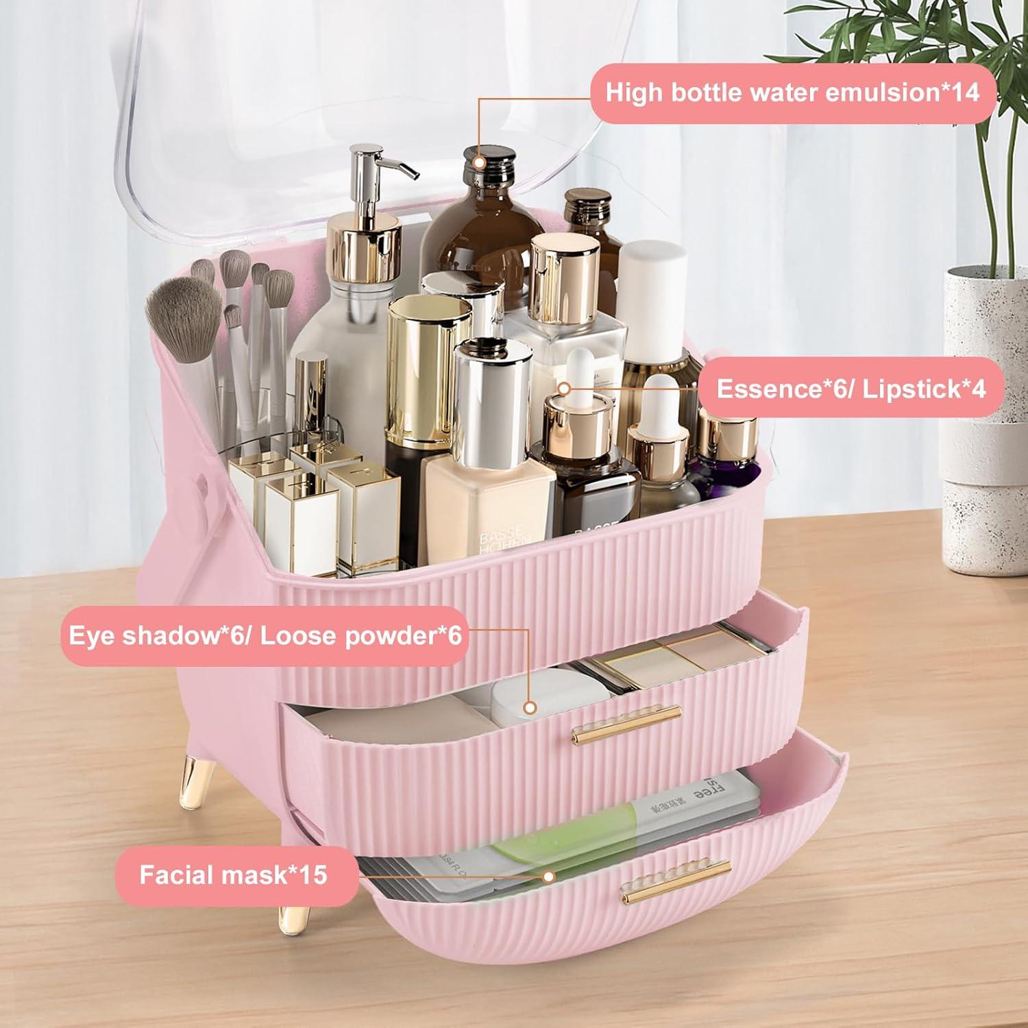 Rebrilliant Makeup Organizers And Storage, Make Up Organizer For Vanity Cosmetics Skincare Organizers With Lid And Drawers Display Cases For Countertop(Pink)