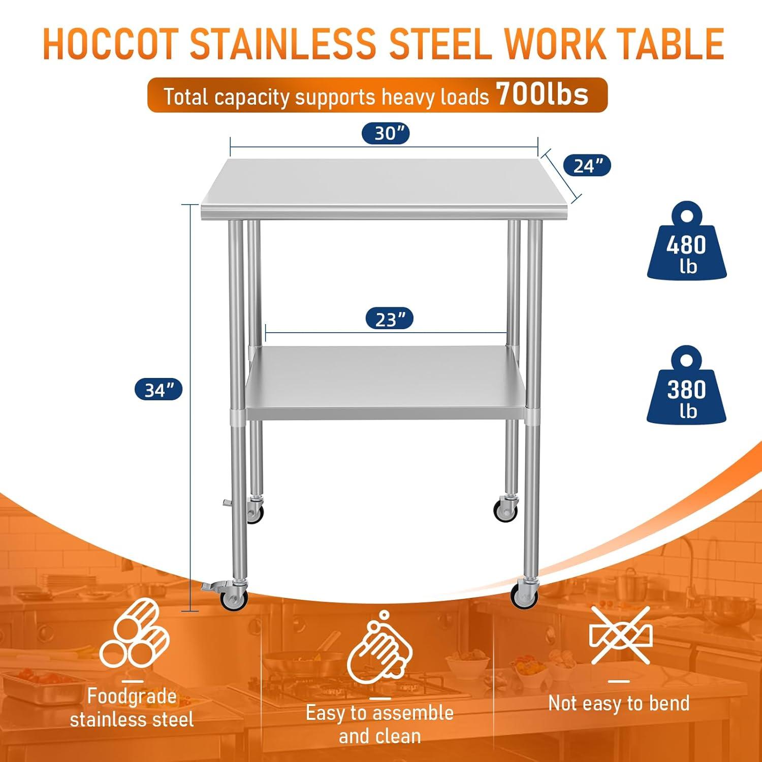 36"x24" Stainless Steel Kitchen Work Prep Table Commercial Workbench With Wheels