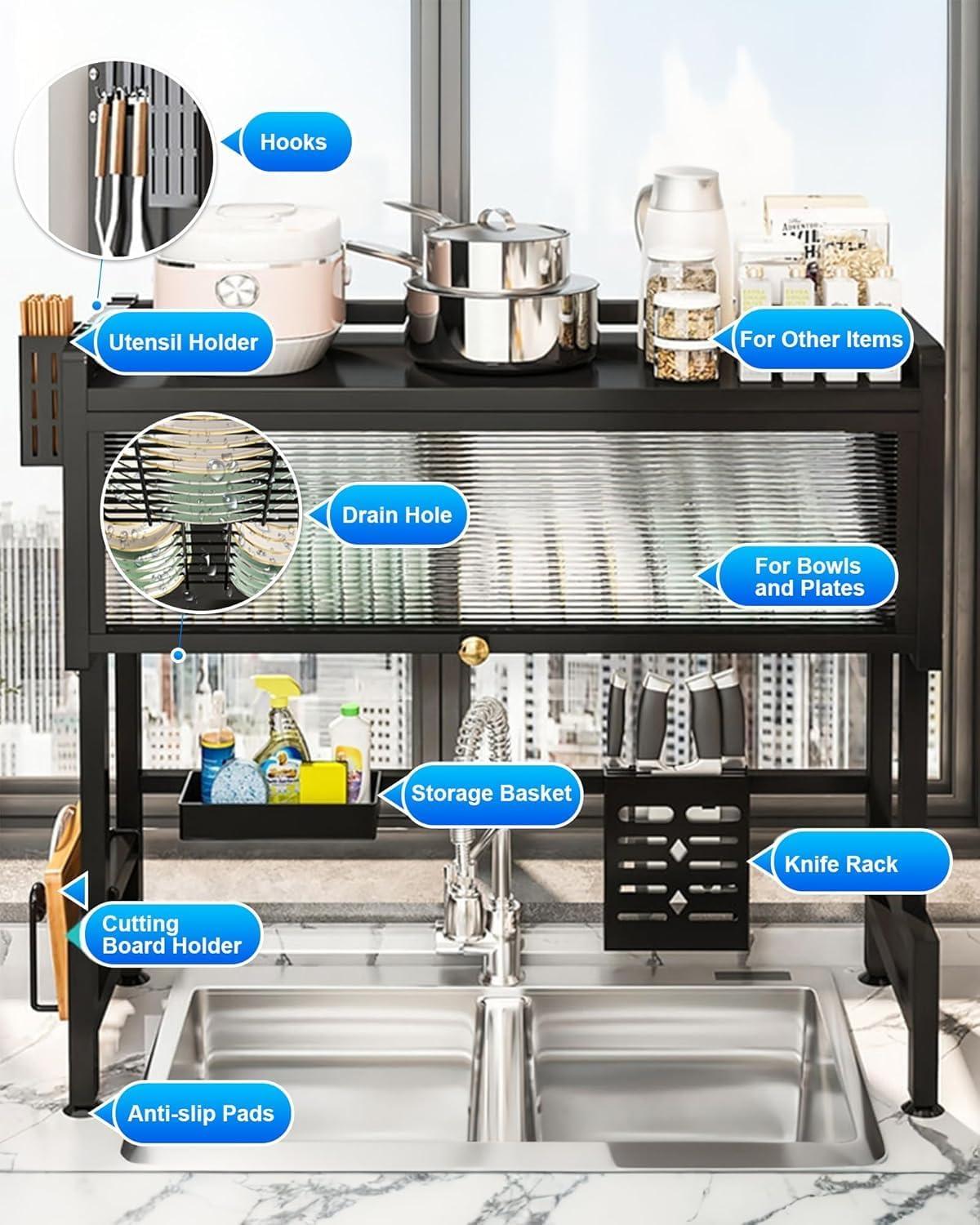 PAVORA 3 Tier Above Sink Dish Drainer Drying Rack, 33.5” Above Sink Dish Rack for Small Kitchens, Space Saving Drying Racks