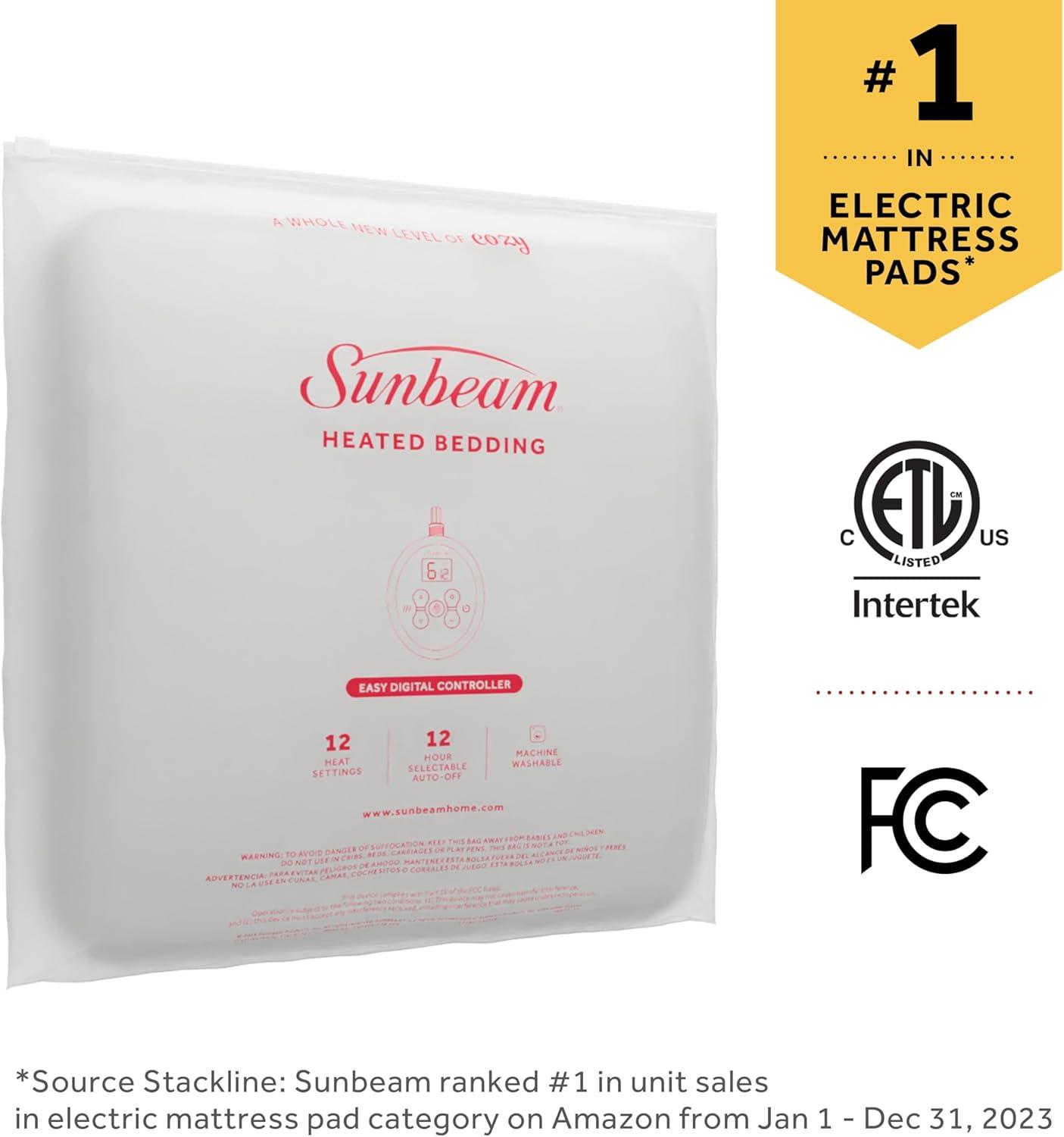 Sunbeam Premium Quilted Electric Heated Mattress Pad Twin 39" x 75" - 12 Heat Settings, 12-Hour Selectable Auto Shut-Off, Fast Heating, Warming Bed, Machine Washable, Extra-Soft Warm Cozy