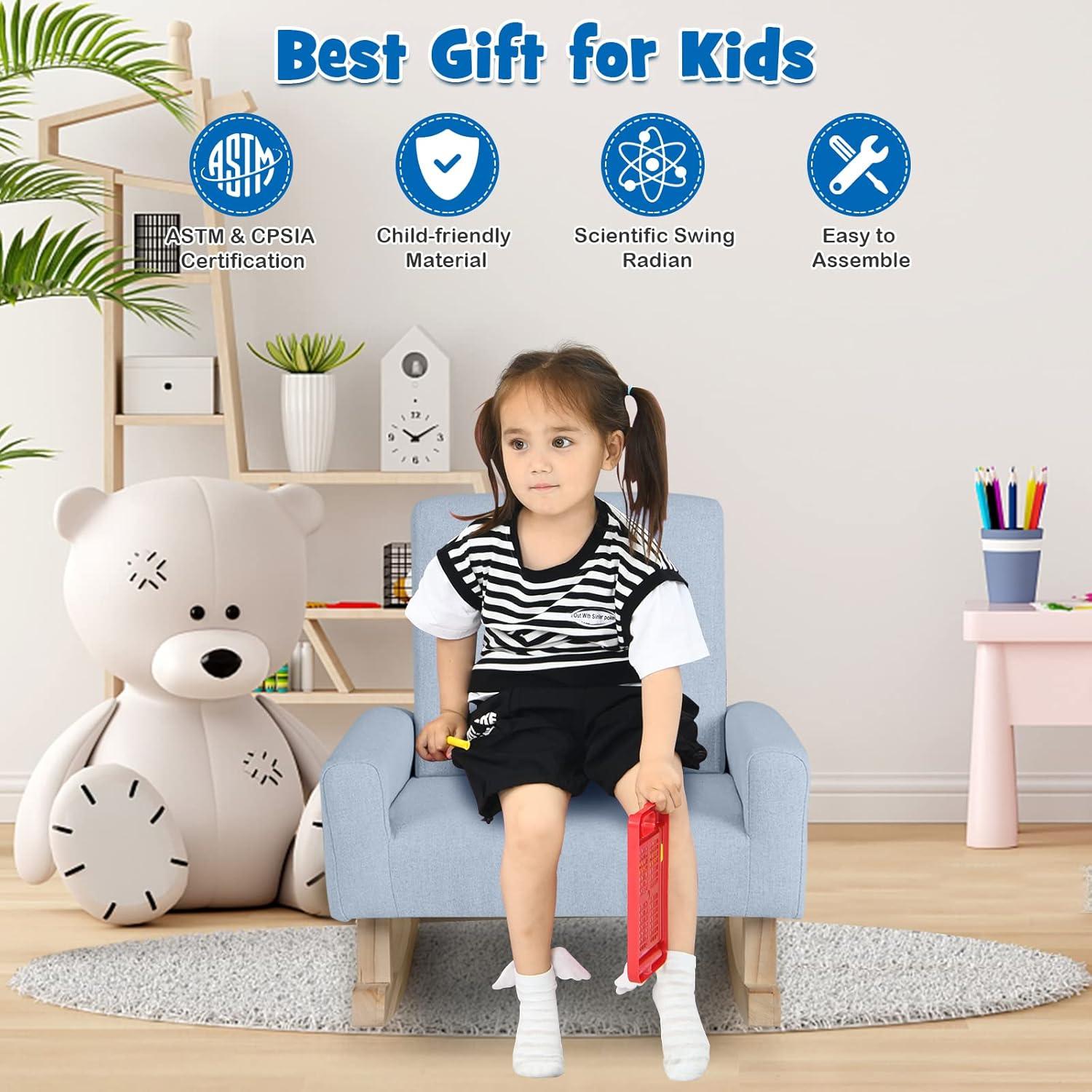 Infans Kids Rocking Chair Children Armchair Linen Upholstered Sofa w/ Solid Wood Legs