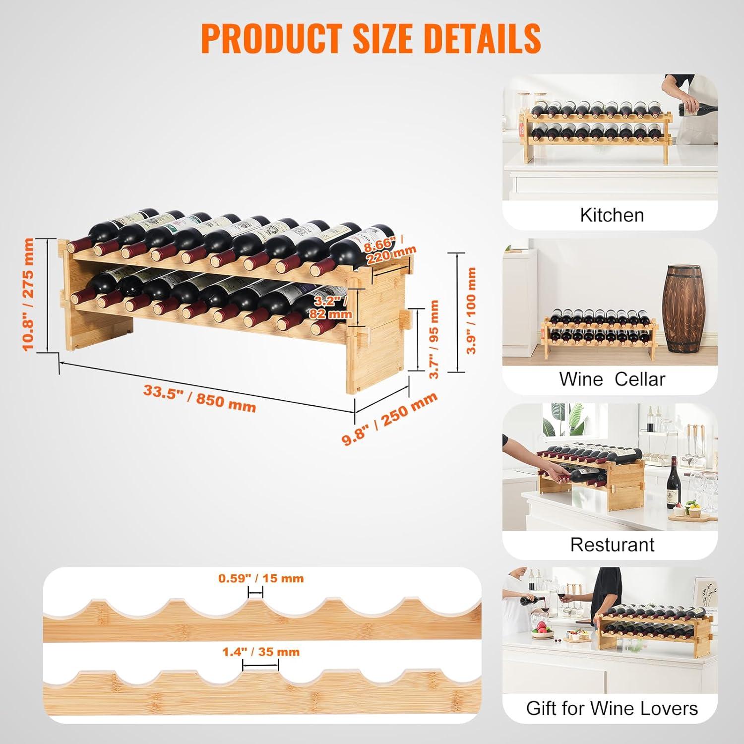 VEVOR 18-Bottle Stackable Modular Wine Rack, 2-Tier Bamboo Wood Display Shelf