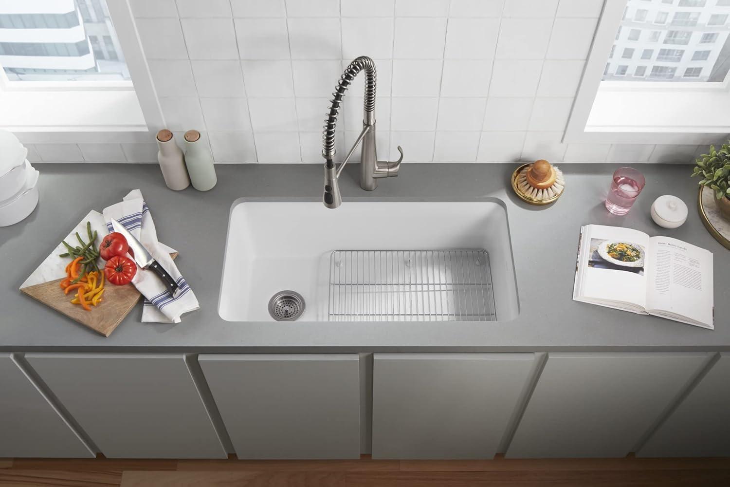 Cairn Matte White 33.5" Undermount Single-Bowl Kitchen Sink with Rack