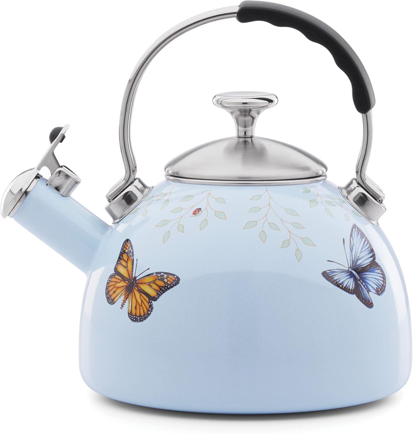 Butterfly Meadow Blue Enamel Whistling Tea Kettle