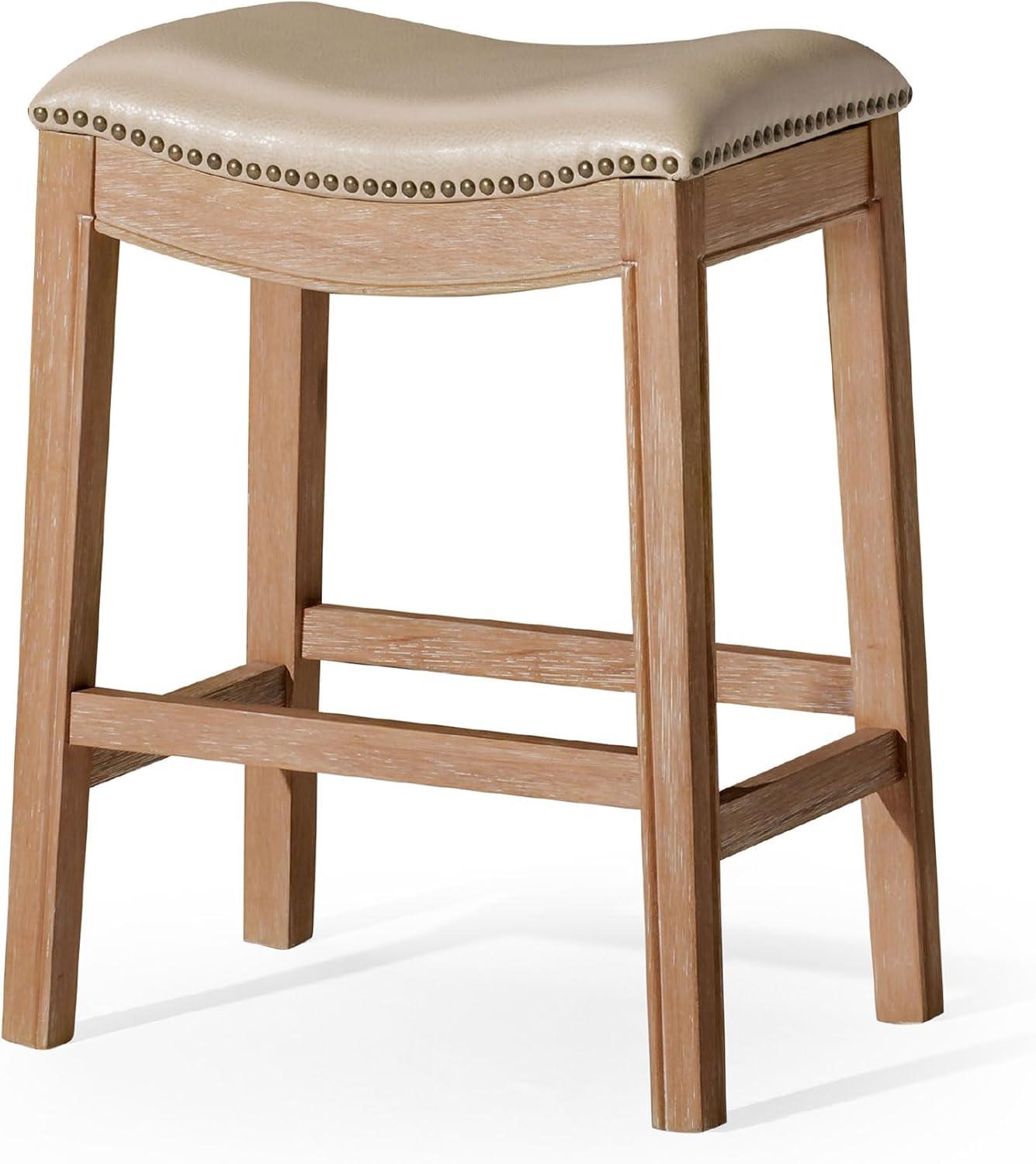 Weathered Oak Backless Saddle Barstool with Vegan Leather Seat