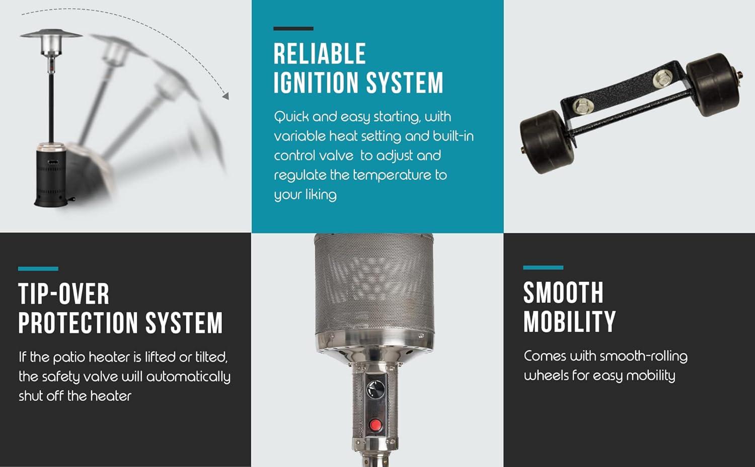 Fire Sense 01775 Performance Series Patio Heater With Wheels 50,000 BTU Output Electronic Ignition System Portable Outdoor Propane Heater - Unpainted Stainless Steel