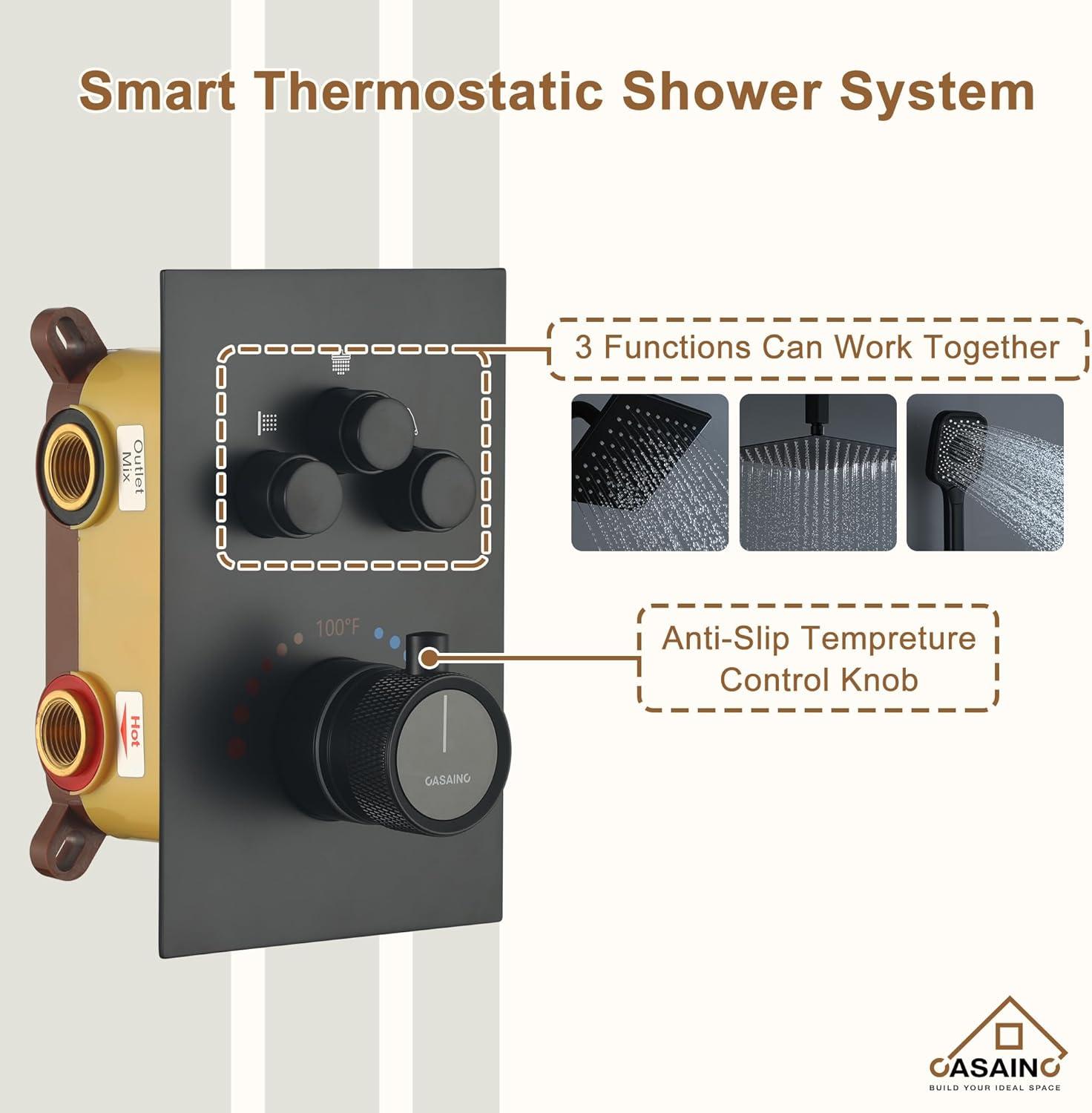 Rainfall Symphony 3-Function Dual Shower Head Thermostatic Shower System with 3 Sprays Handheld