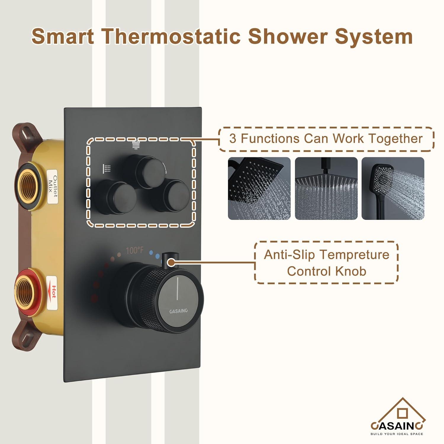 Rainfall Symphony 12inch 3-Function Dual Shower Head Thermostatic Shower System with 3 Sprays Handheld