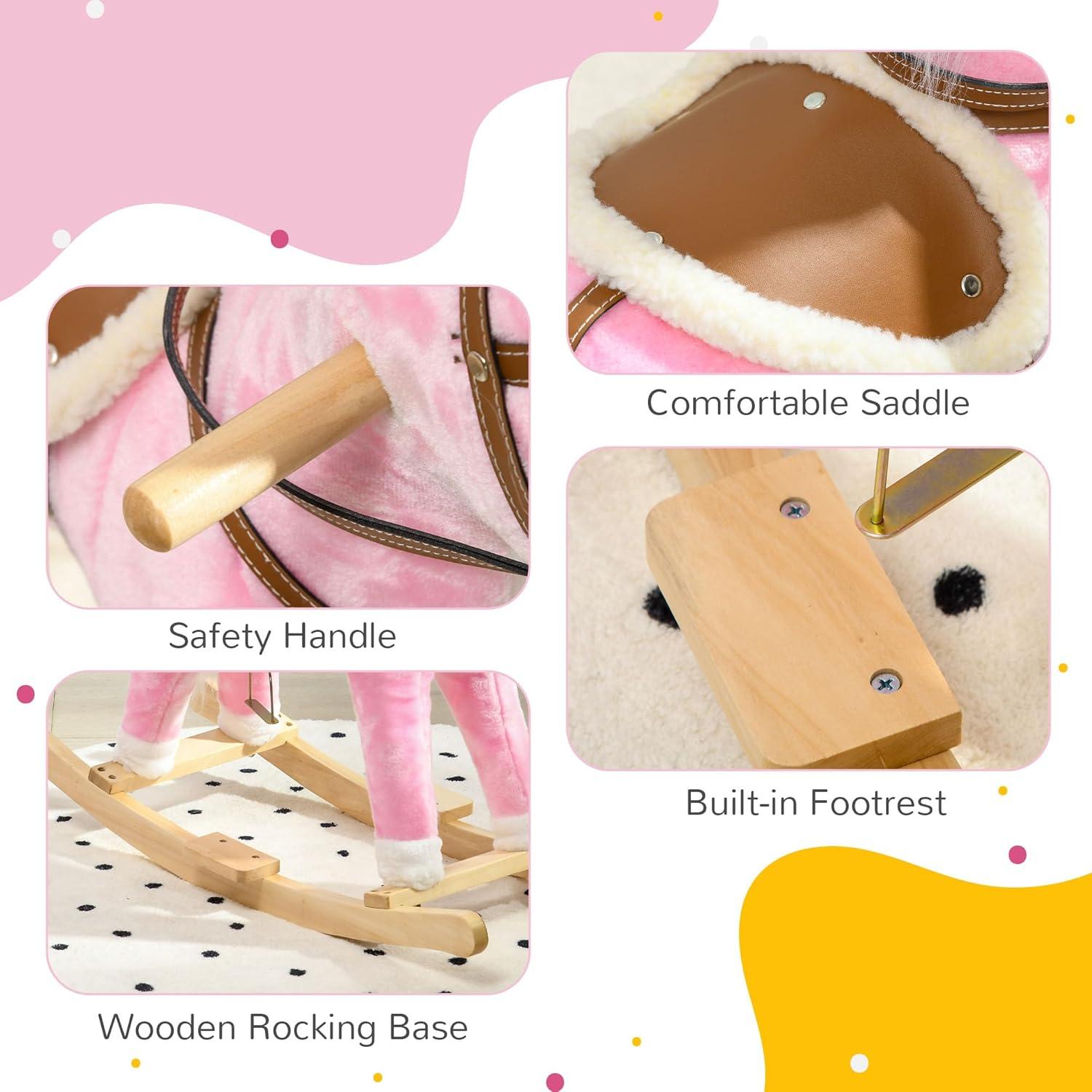 Qaba Rocking Horse with Sound, Ride on Horse with Saddle, Toddler Rocker, Gift for 3-8 Year Old, Pink