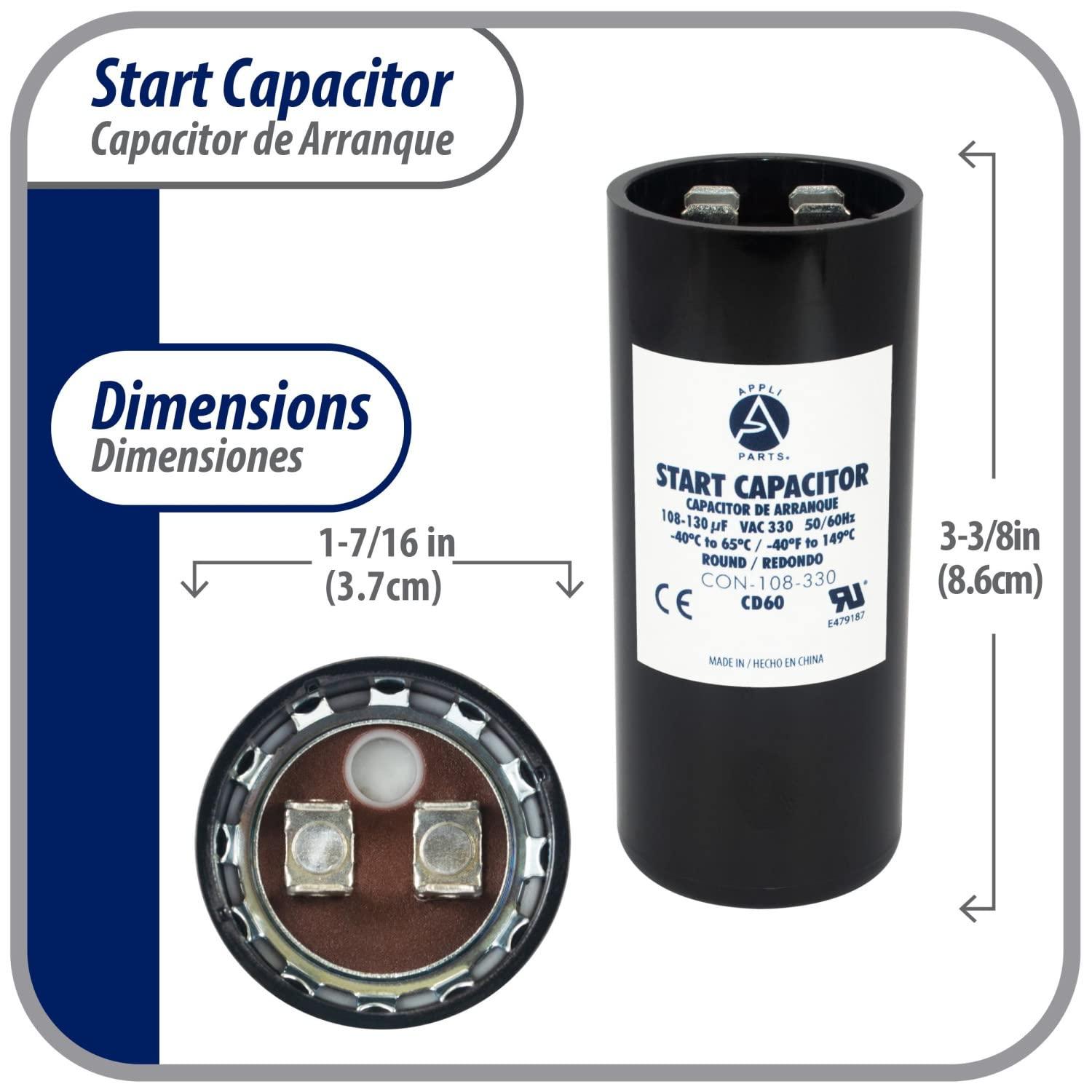 Appli Parts motor start capacitor 108-130 Mfd (microfarads) uF 330 VAC universal fit for electric motor applications 1-7/16 in Wide 3-3/8 in Height CON-108-330