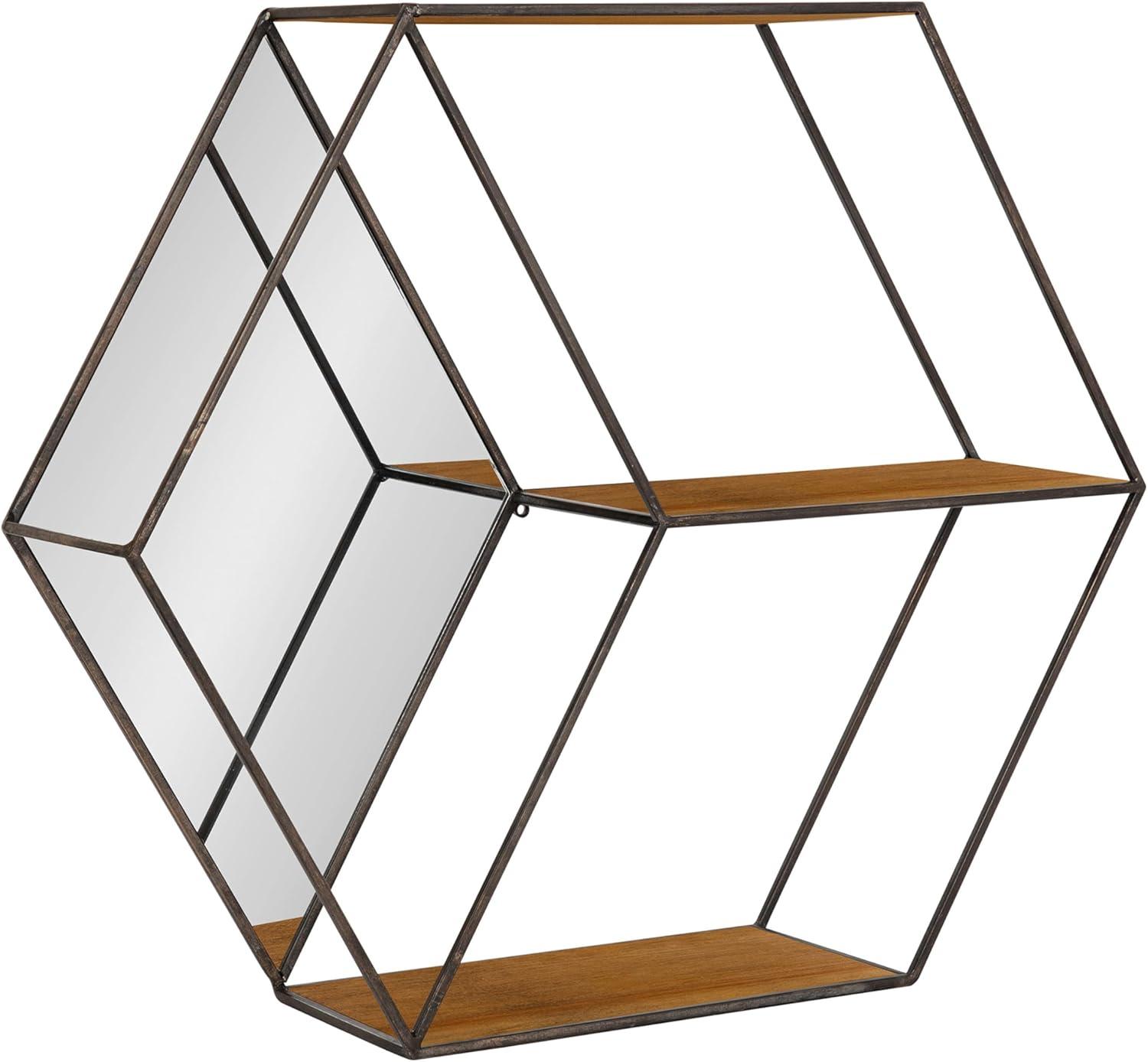 HexaShelf Rustic Brown Floating Hexagon Wall Shelf with Mirror