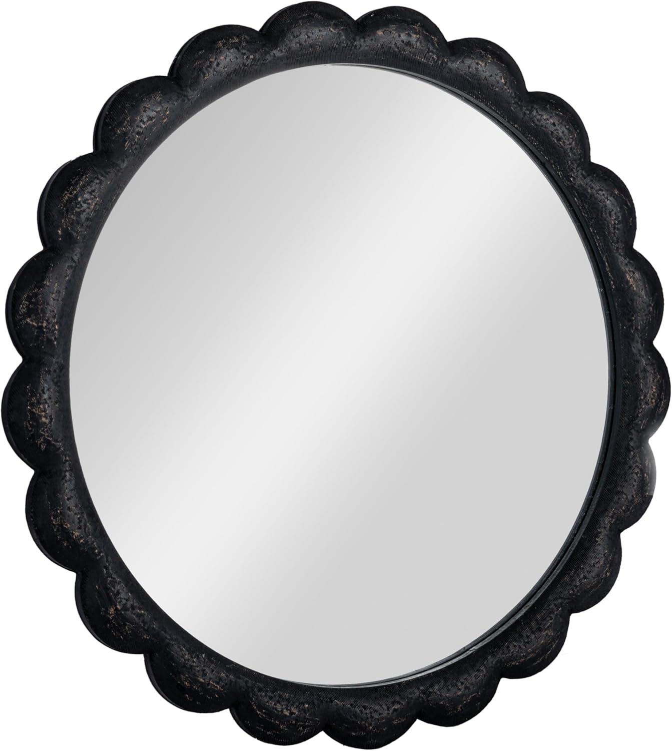 Creative Co-Op Round Scalloped Distressed Wood Wall Mirror, Black