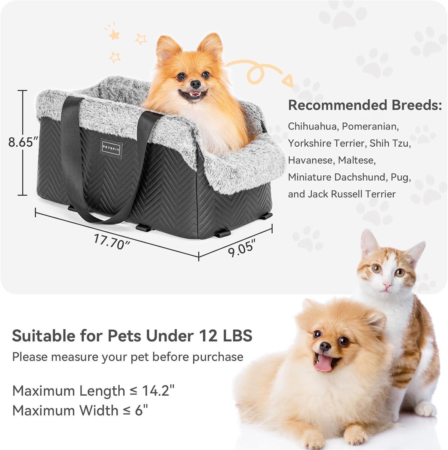 PETSFIT Small Dog Car Seat, Portable Dog Seat for Car with Safe Protective Hooks, Luxury Dog Console Car Seat,Up to 12 lbs,Grey