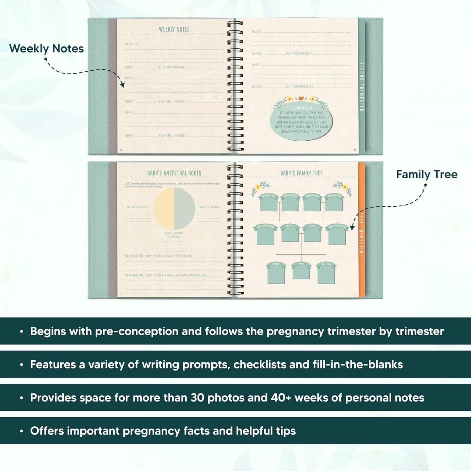 Bump for Joy Green Hardcover Pregnancy Journal with Spiral Binding