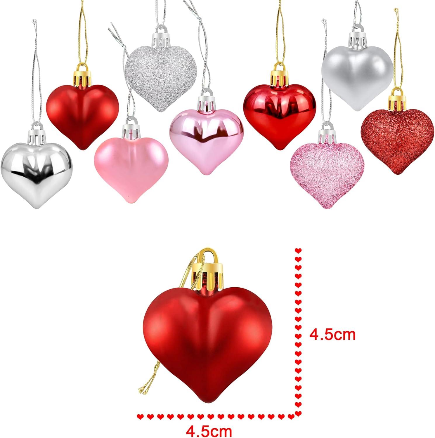 Valentine's Day Decor Heart Shaped Ornaments, 36PCS Valentines Heart Decorations, Romantic Valentine's Day Hanging Decorations, Red Pink Silver Heart Shaped Baubles for Home Wedding Party