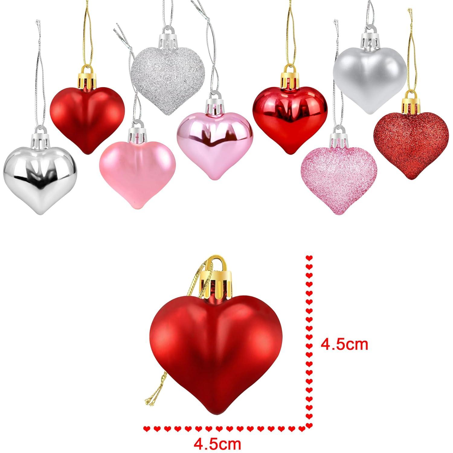 Valentine's Day Decor Heart Shaped Ornaments, 36PCS Valentines Heart Decorations, Romantic Valentine's Day Hanging Decorations, Red Pink Silver Heart Shaped Baubles for Home Wedding Party