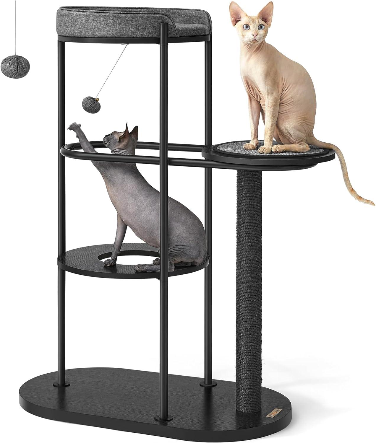 Modern Black and Gray Sisal Cat Tree with Cushioned Platforms