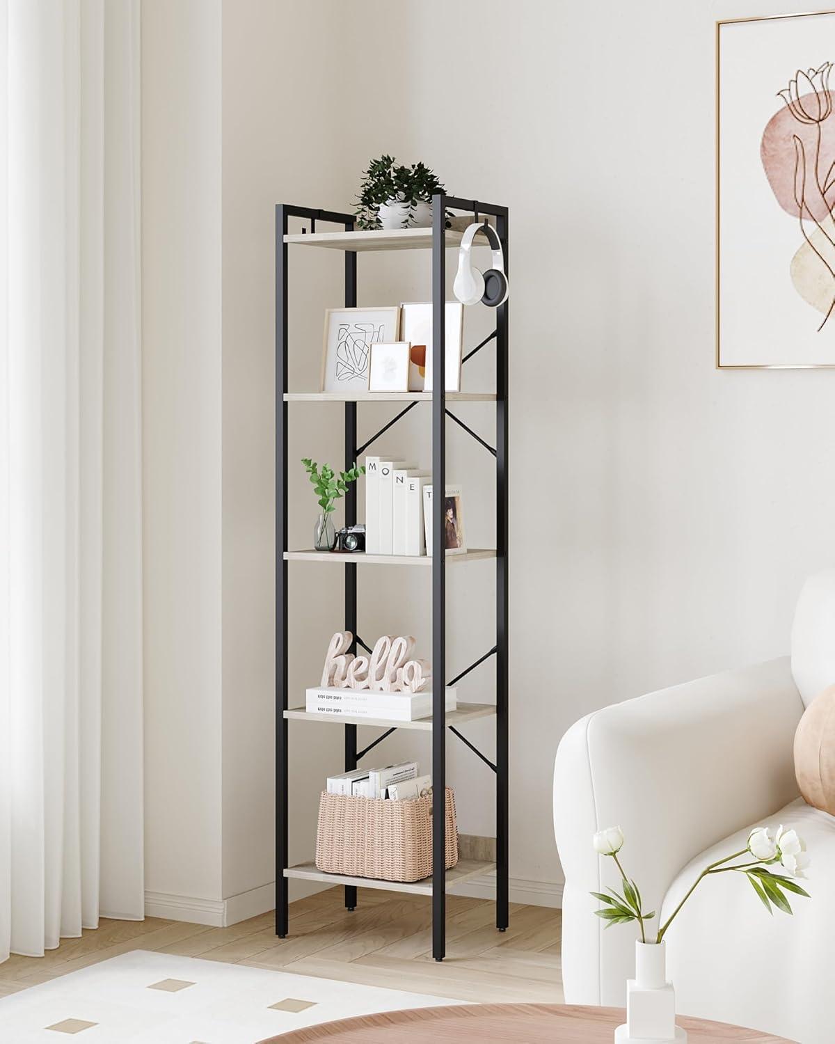 Bookshelf, Book Shelf, Industrial Bookcase with 2 Hooks, Coner Shelf Storage Organizer for Home Office, Living Room, Bedroom, Kitchen, 5-Tier Greige BC10505B