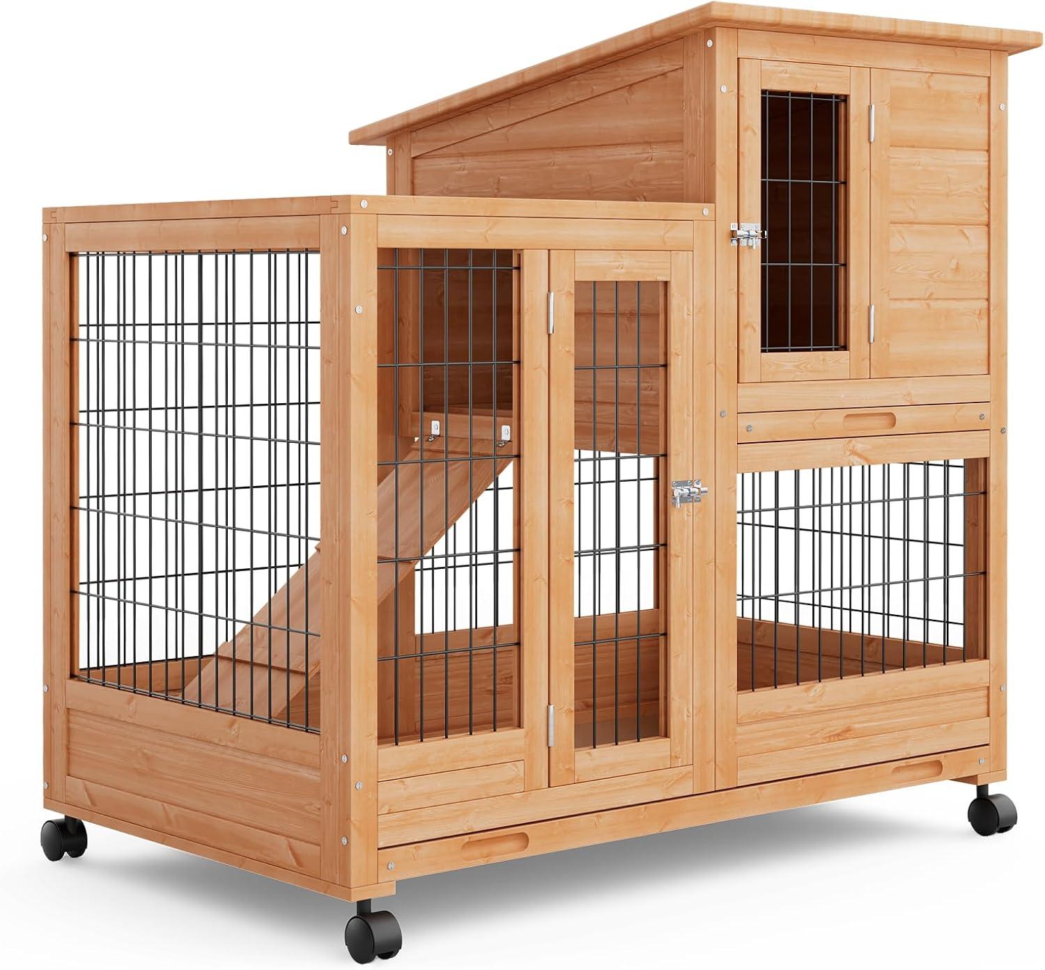 MoNiBloom 36" Wooden Rabbit Hutch w/2 Slide-Out Trays, Anti-Slip Ramp Bunny Cage w/4 Wheels, Natural