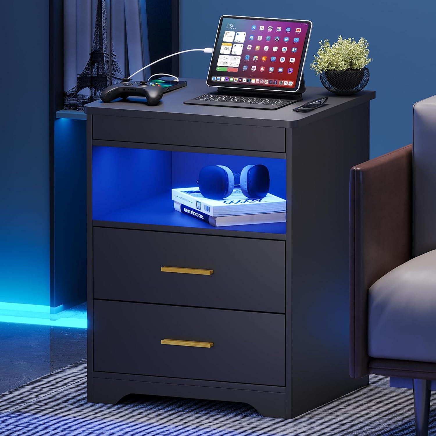 Black Modern Nightstand Set with LED Lights and USB Ports