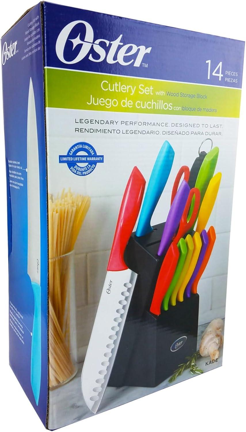 Oster 14 Piece Stainless Steel Assorted Color Cutlery Knife Set with Wood Storage Block