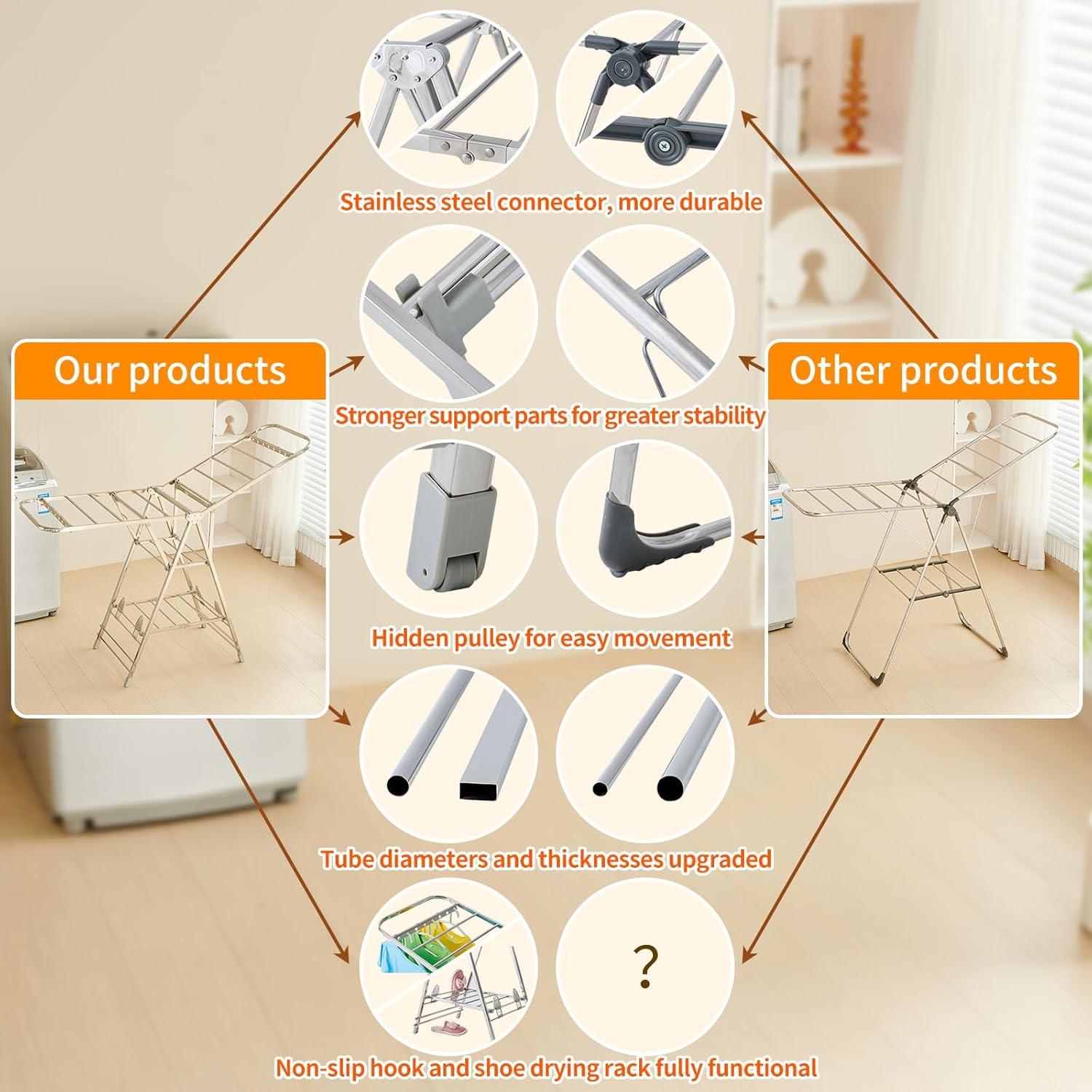 Foldable Clothes Drying Rack has 21 Rods, Non-Slip Buckle, Shoe Rack and Wheels ,Stainless Steel Laundry Drying Rack,Collapsible for Easy Storage,Rust-Proof,Works Both Indoors and Out