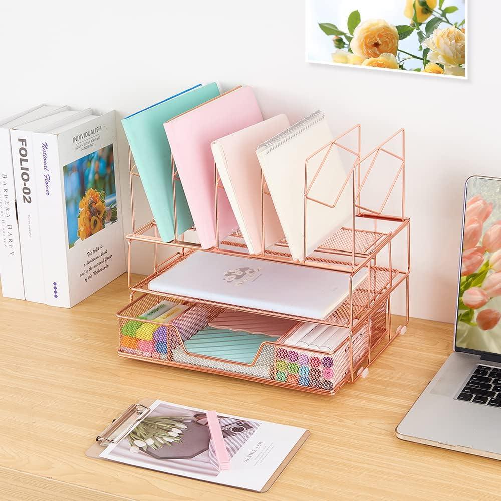 Desk Organizers and Desk Accessories - Rose Gold Desk Organizer with File Sorters, File Organizer with Drawer, Desk Accessories & Workspace Organizers for School Office Supplies